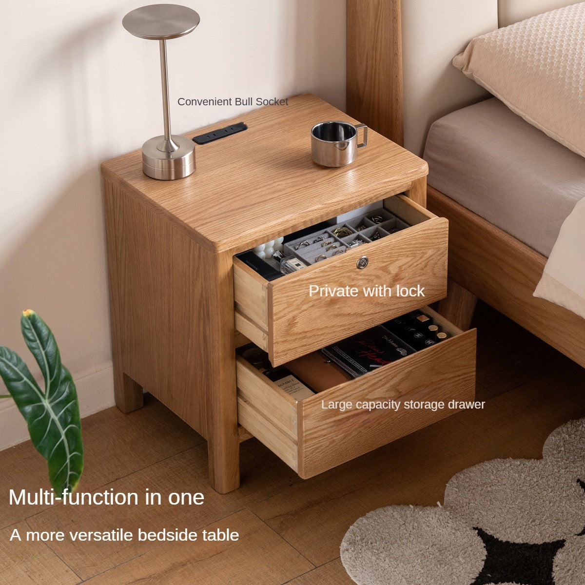 Solid Oak Wood Nightstand with Locking Drawer - Stylish and Durable Bedside Table for Bedroom, Living Room, or Guest Room