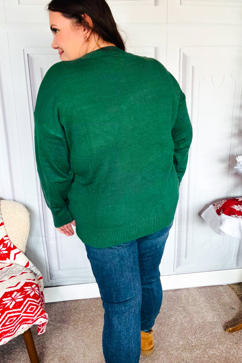 Be Merry Hunter Green Pop Up Lurex Sweater - Festive Holiday Knitwear for Women | Perfect for Christmas Parties & Winter Gatherings