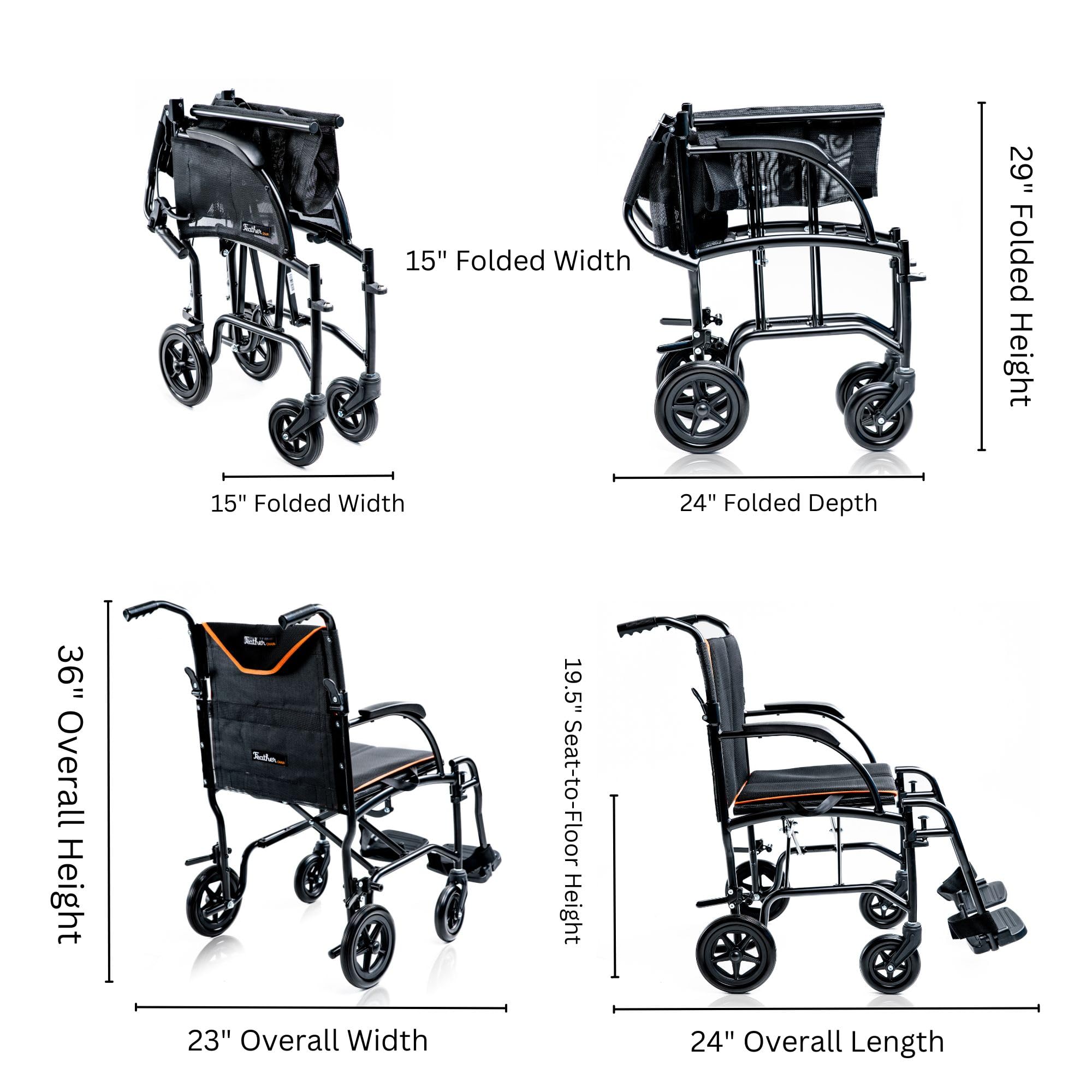 Feather Mobility - 13lb Ultra Lightweight Folding Transport Wheelchair - Black - 300 lb Weight Capacity - No Handbrakes - Ideal for Travel, Shopping & Doctor Visits