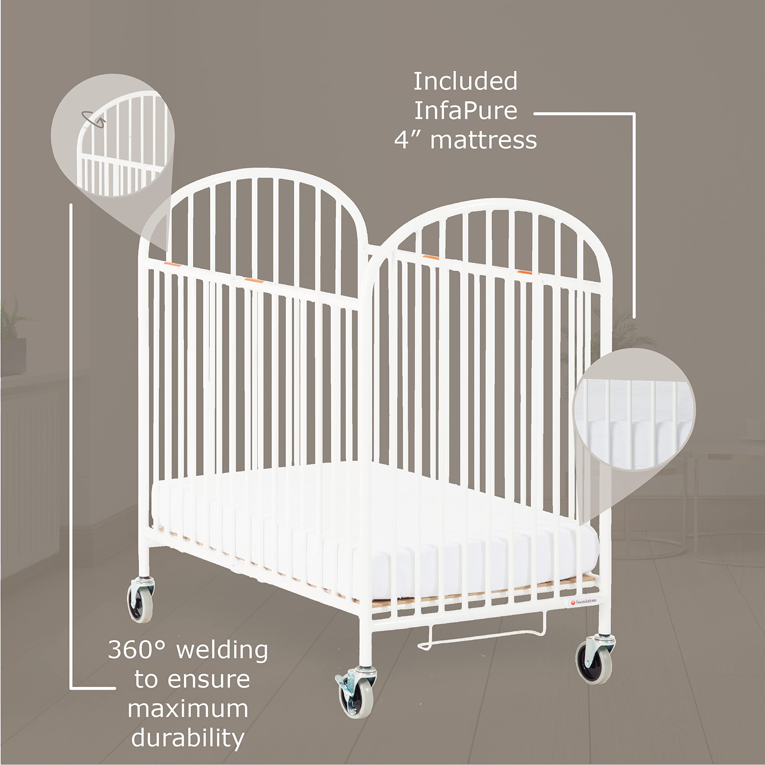 **Foundations Pinnacle Metal Baby & Toddler Folding Crib – Portable Travel Crib with Foam Mattress & 3