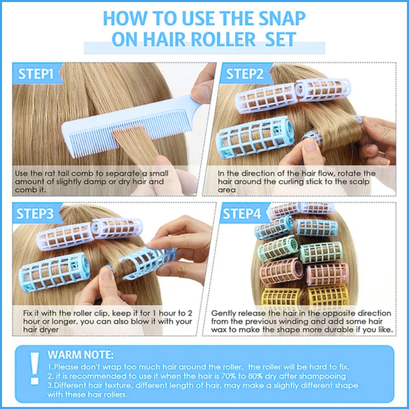 Professional Magnetic Snap-on Hair Rollers - 6 Pcs Sky Blue Plastic Hair Curlers for Women & Girls | Heatless Curling Tools for Salon-Quality Hairstyling at Home, Perfect for Parties & Daily Styling