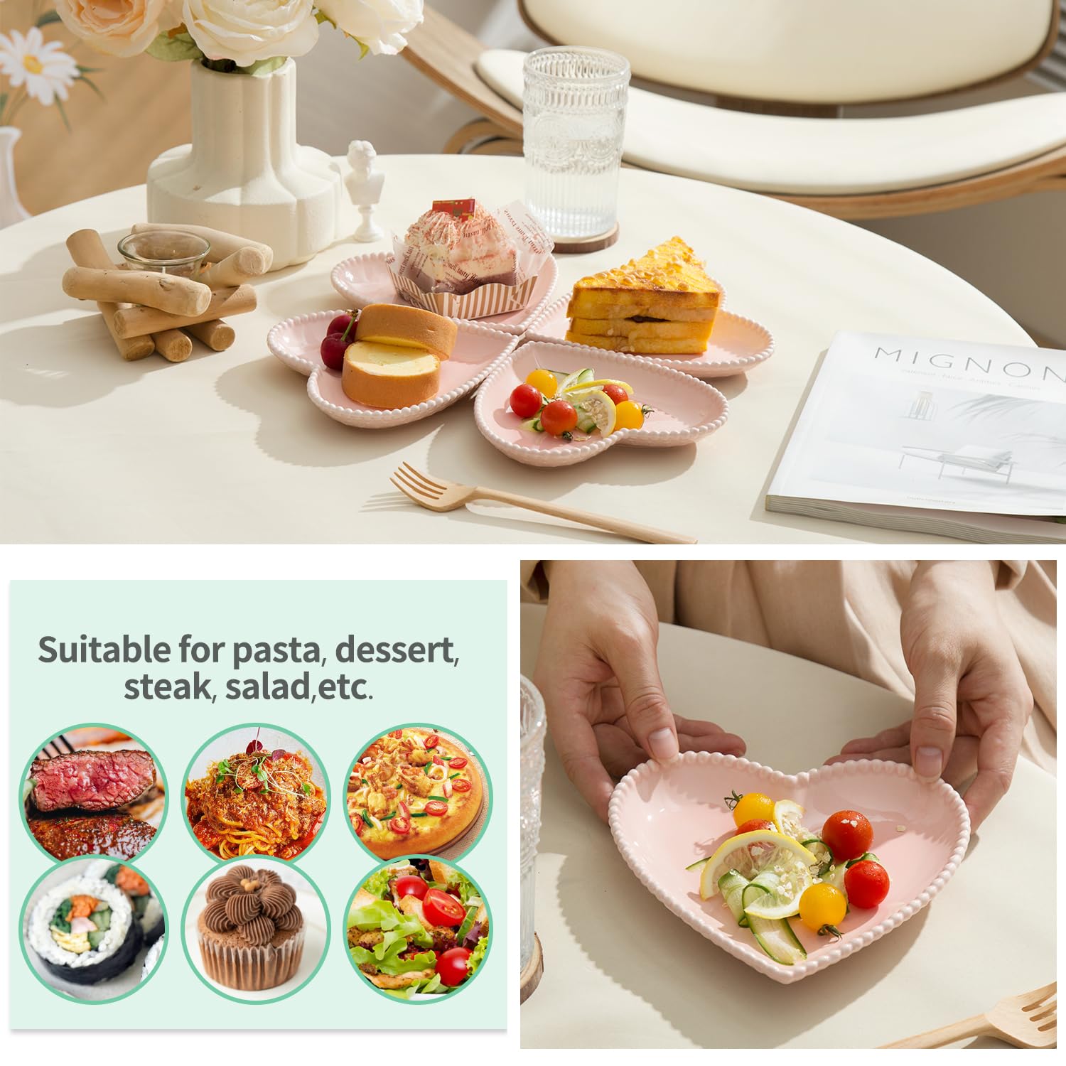 OMAYKEY 10-Pack 6.3 Inch Heart-Shaped Ceramic Plates - Microwave, Oven & Dishwasher Safe Dessert, Salad & Appetizer Plates for Cake, Snack, Ice Cream - Elegant Pink Porcelain Dinnerware Set for Parties, Romantic Dinners & Home Decor
