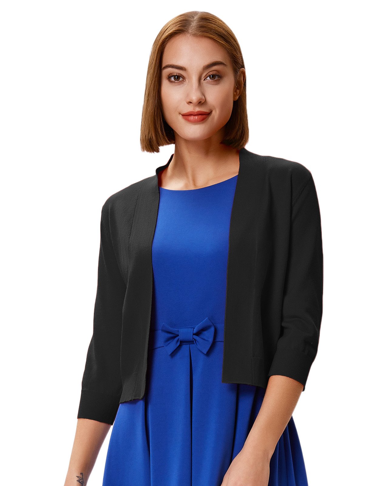 GRACE KARIN Women's 3/4 Sleeve Cropped Cardigan Sweater - Lightweight Knit Open Front Shrug Bolero for Office, Casual Outfits & Spring Layering