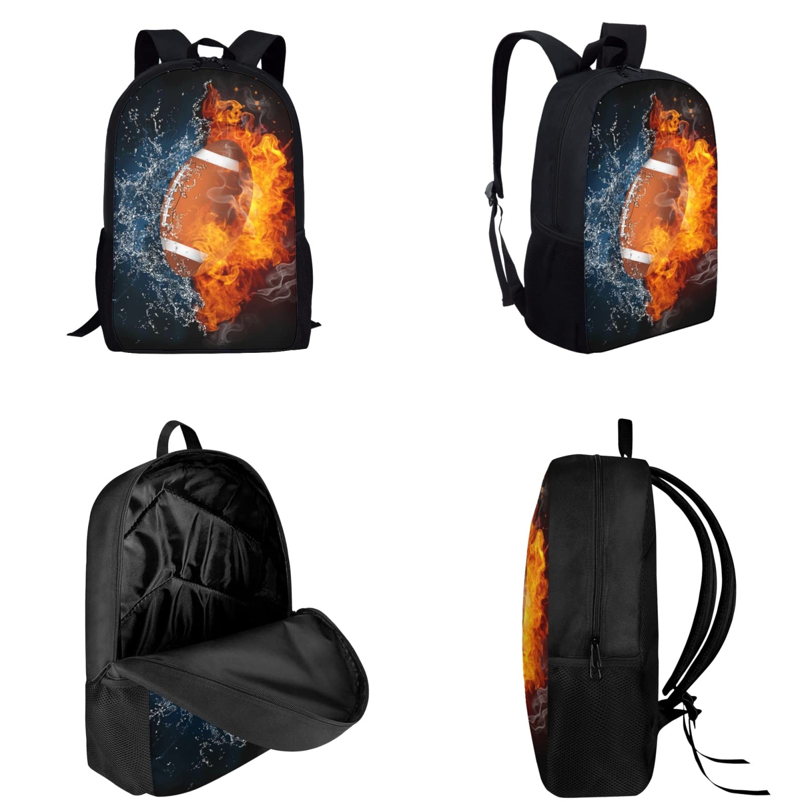3-Piece Fire Water Football Design Backpack Set for Teen Boys - School Backpack, Lunch Bag & Pen Holder - Perfect for School, Sports & Travel