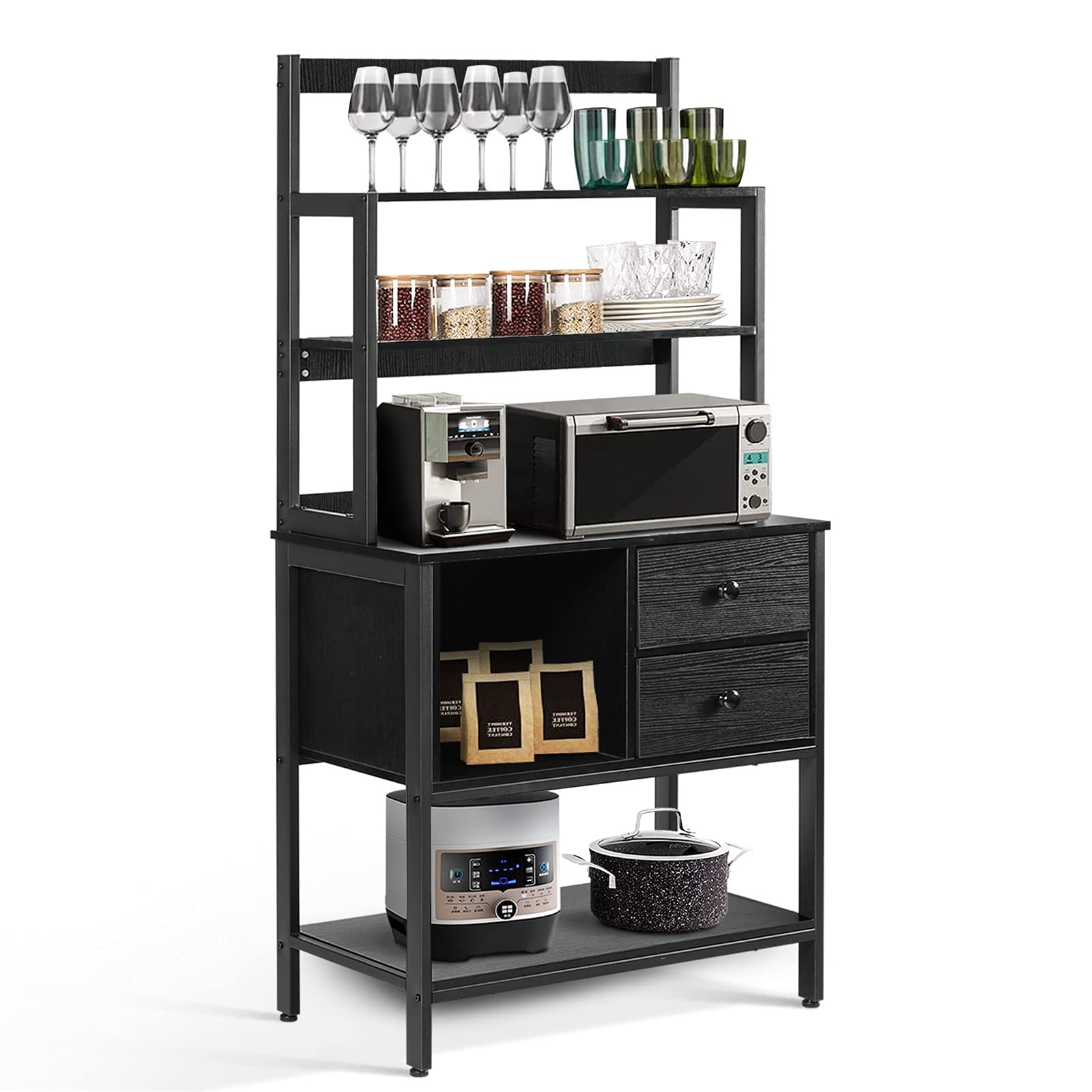 YGBH 6-Tier Kitchen Bakers Rack with Storage - Vintage Black Coffee Bar Table with 2 Drawers & Microwave Stand | Spice Rack Organizer & Workstation for Small Kitchens, Dining Rooms & Coffee Bars | Easy Assembly