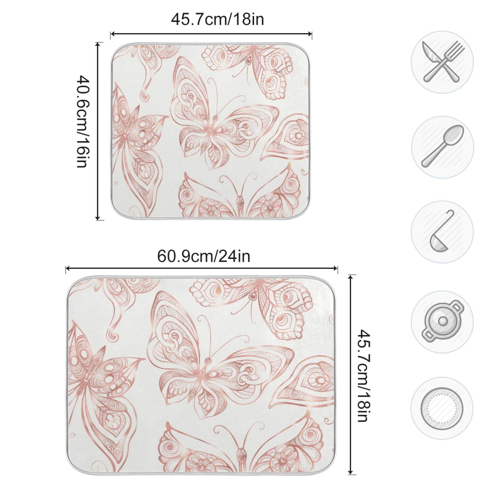 Rose Gold Butterfly Dish Drying Mat - Super Absorbent Microfiber for Kitchen Counter (18x24 Inch) - Perfect for Dishes & Cookware