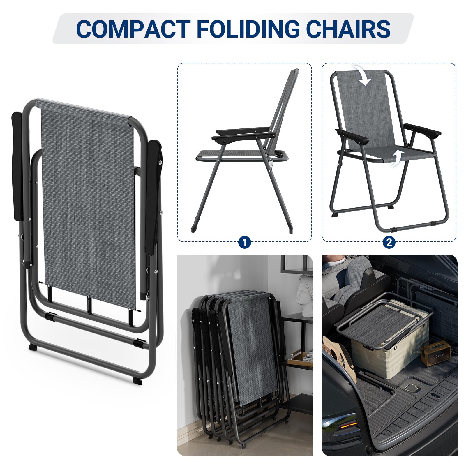 UDPATIO 4-Piece Patio Dining Chair Set - Lightweight Folding Outdoor Chairs with Steel Frame & Weather-Resistant Textilene Fabric (5.7lbs Each, 220lb Capacity) - Grey - Perfect for Backyard, Poolside, Deck, and Garden Relaxation