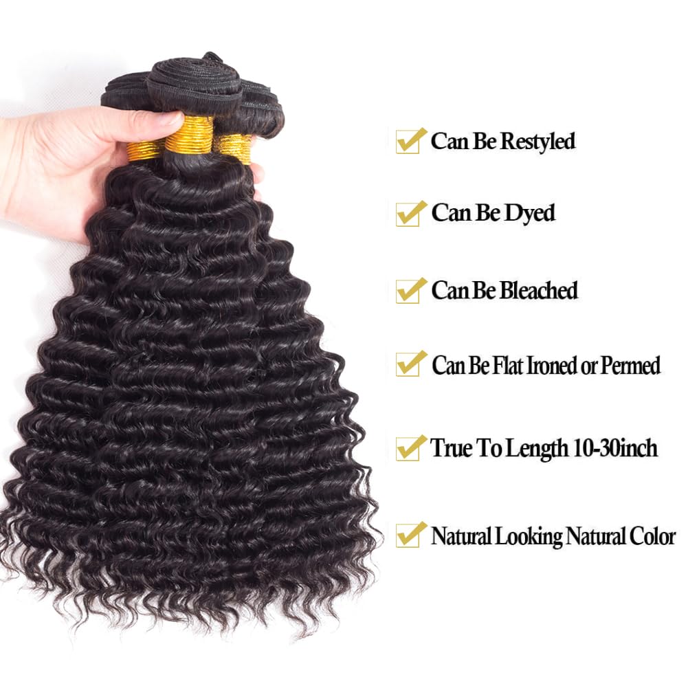 14-20 Inch Deep Wave Brazilian Human Hair Bundles - 4 Pcs Natural Black Loose Wave Hair Extensions for Styling, Weaving & Voluminous Looks