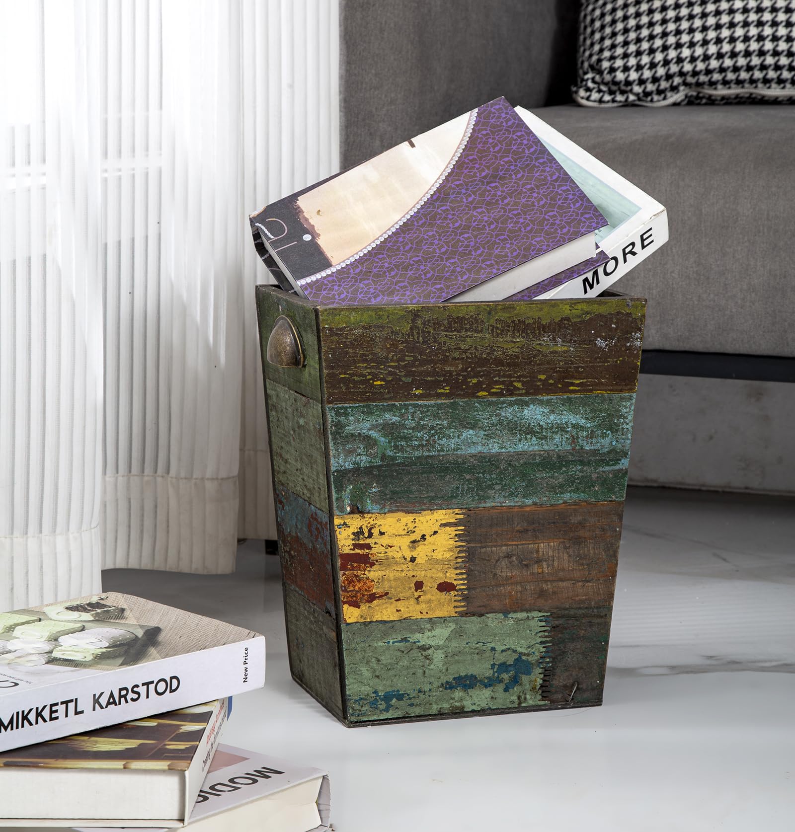 TIMRIS Small Wood Trash Can - Farmhouse Rectangular Waste Basket with Metal Handles, Rustic Distressed Boho Wooden Recycling Bin for Kitchen, Bathroom, Office & Living Room - Reclaimed Wood Storage Basket (Random)