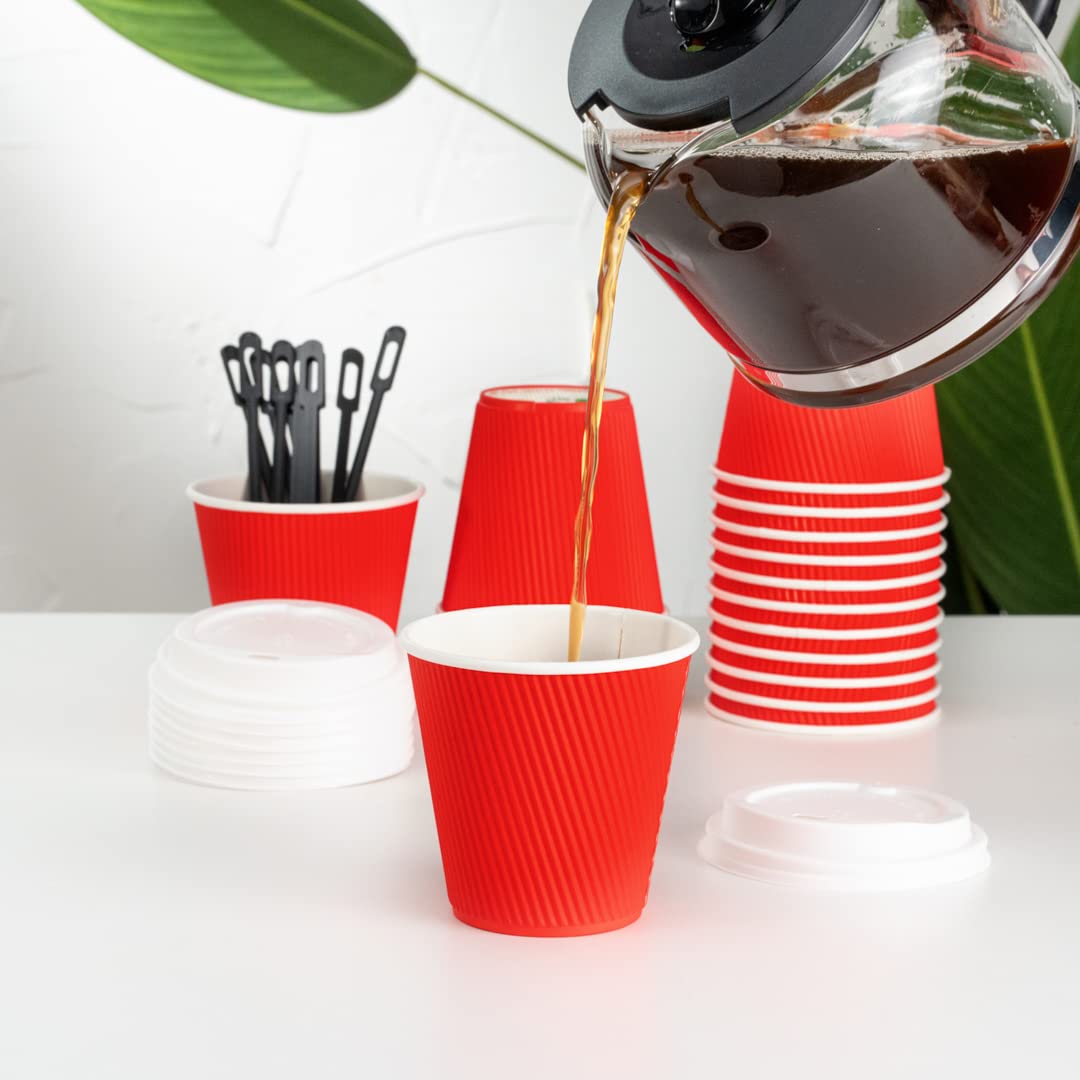 Restaurantware 8oz Insulated Coffee Cups with Lids - 400 Pack Leakproof Ripple Wall Hot Cups | Disposable Red Paper Coffee Cups for Tea, Hot Cocoa & Lattes | Perfect for Cafes, Offices & Catering Events