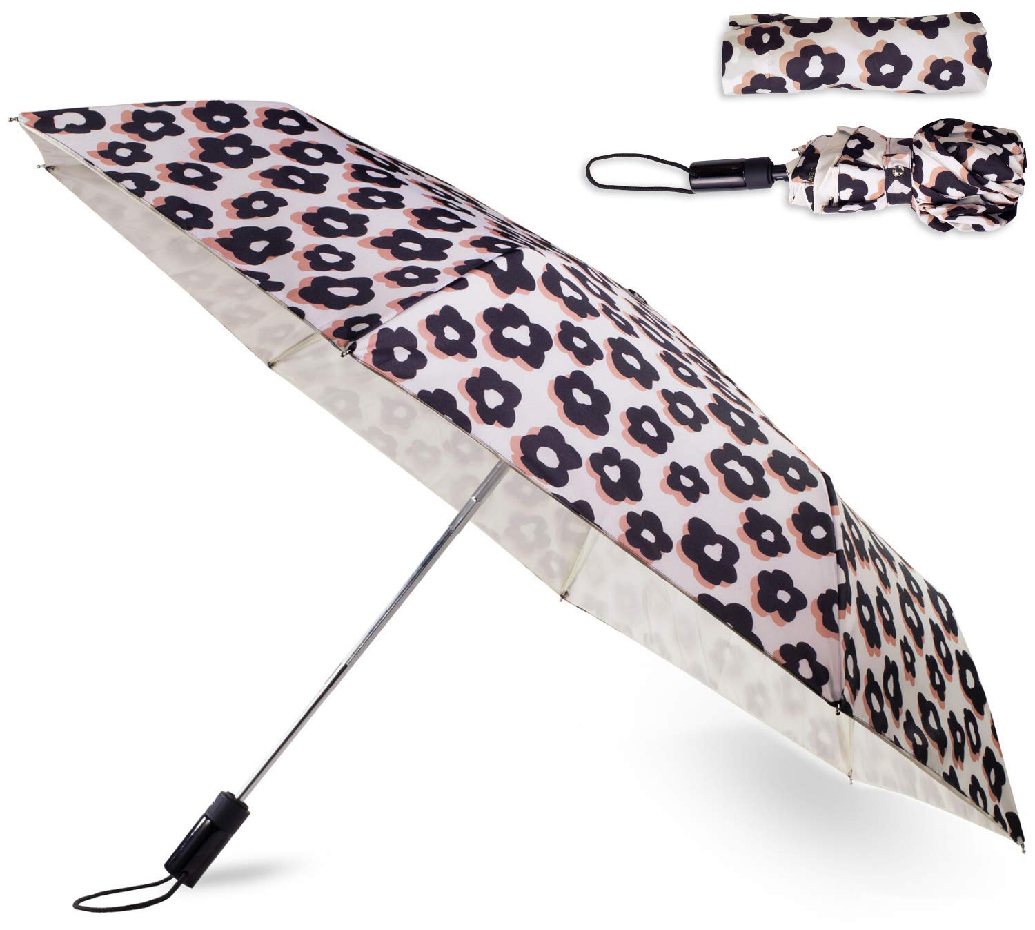 Kate Spade New York Floral Travel Umbrella - Compact Folding Windproof Umbrella for Women, Perfect for Commuting, Travel & Rainy Day Outfits