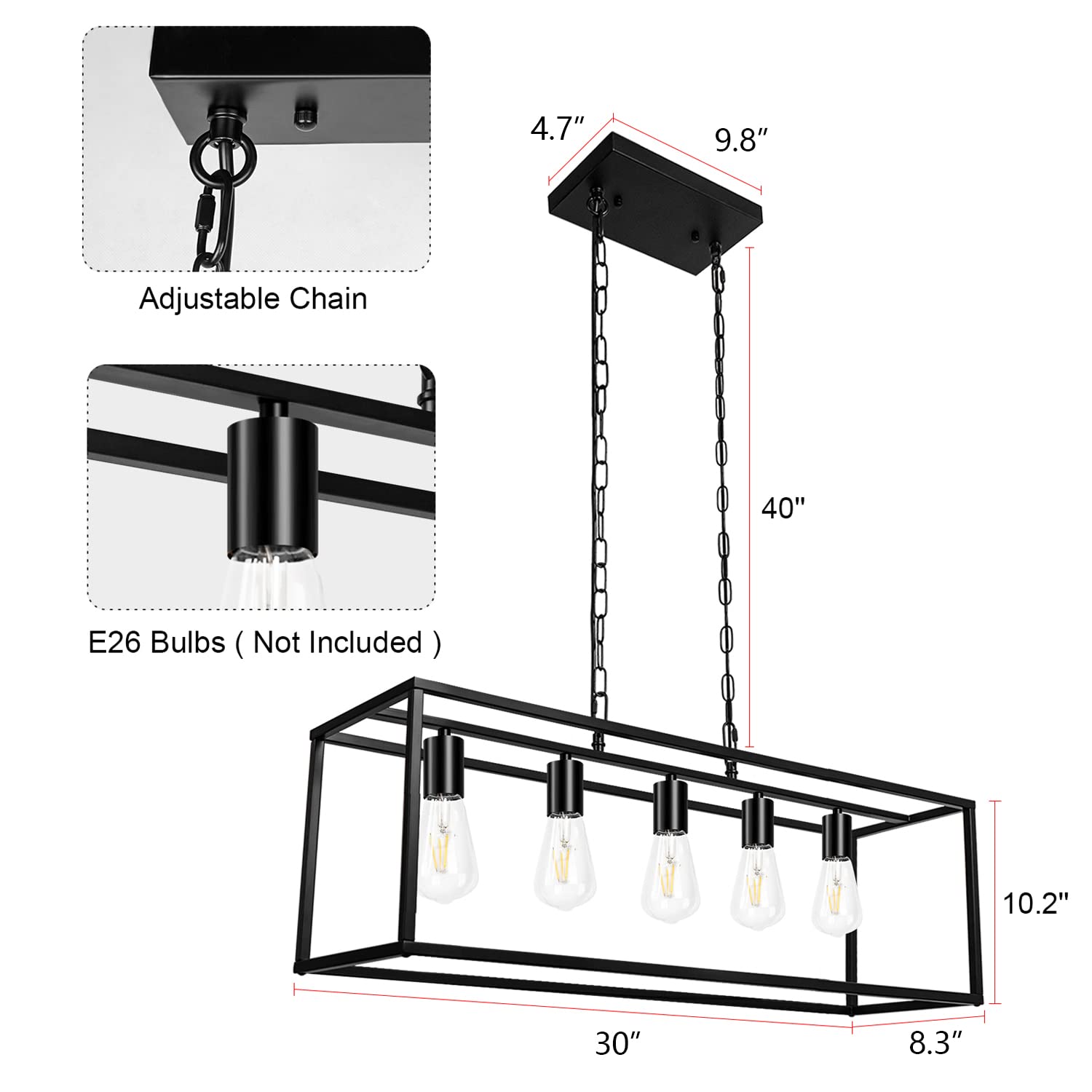 ZOSIMIO 5-Light Black Modern Linear Chandelier - Farmhouse Kitchen Island Lighting, Industrial Rectangular Light Fixture for Dining Room, Living Room, Foyer & Bar - Perfect for Rustic & Contemporary Home Decor