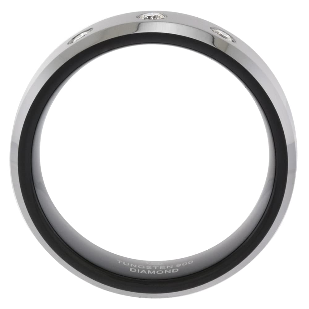 2-Ring Set 6mm & 8mm Black Tungsten 3 Stone Diamond Wedding Band for Men - Two-Tone Beveled Comfort Fit Sizes 5-13 - Perfect for Anniversary, Engagement & Everyday Wear
