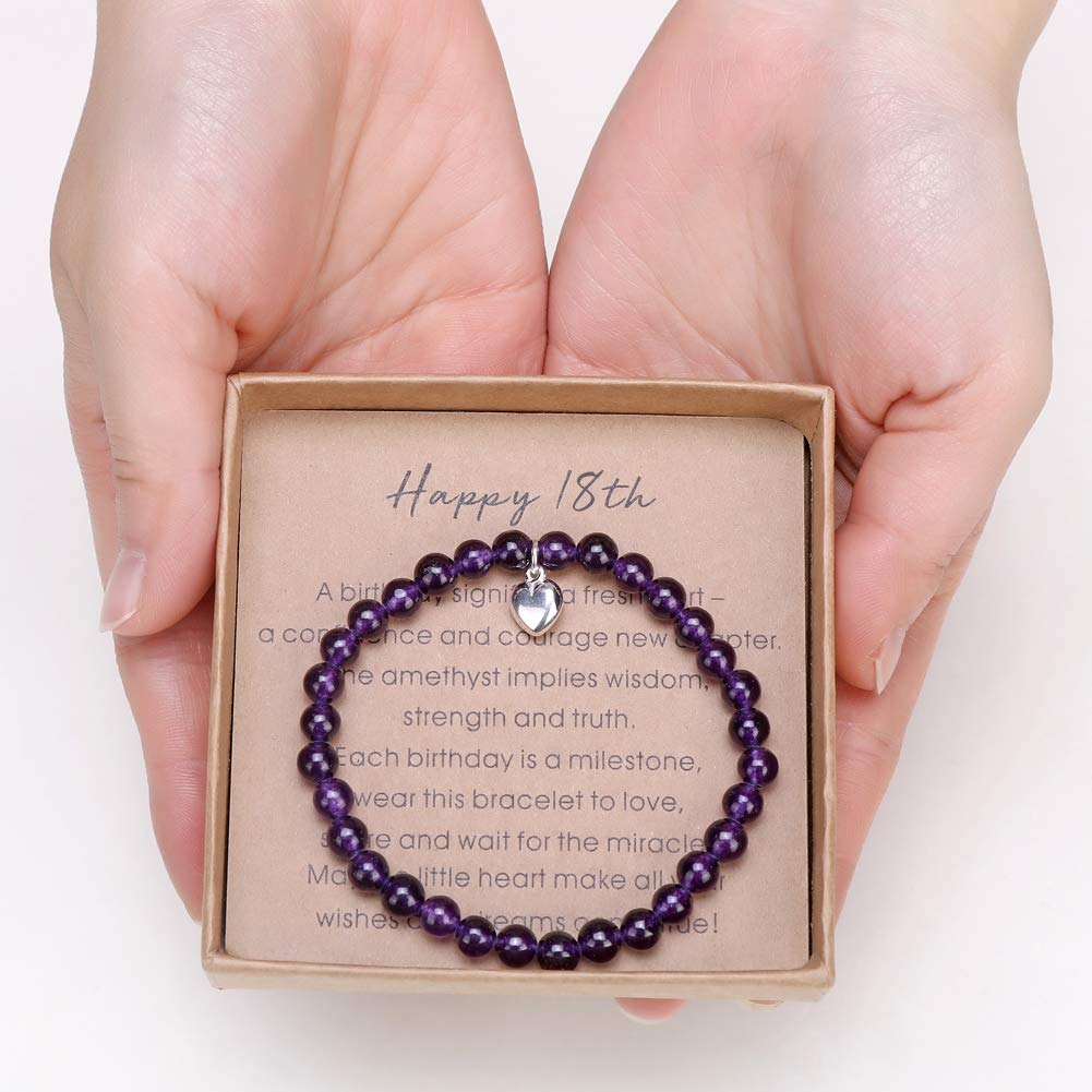 Amethyst Bead Bracelet with Sterling Silver Heart Charm - 18th Birthday Gift for Women & Girls - Comes with Greeting Card & Gift Box - Perfect for Graduation, Sweet 16, or Special Occasions