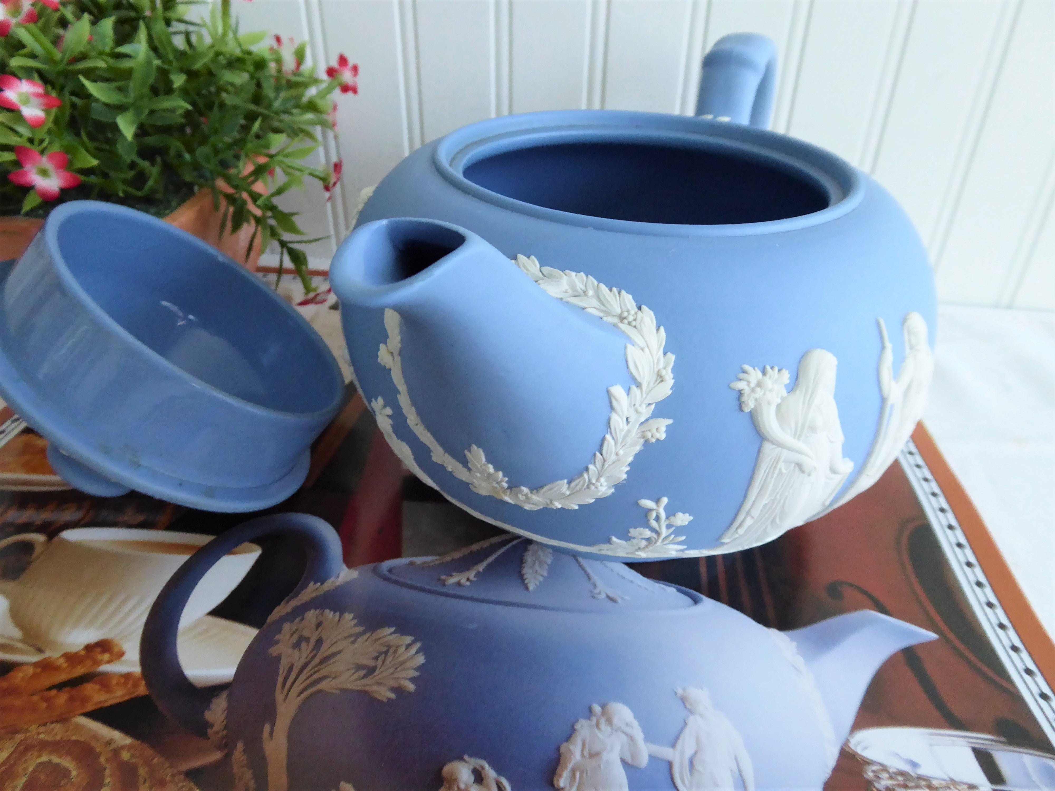 Vintage Wedgwood Blue Jasperware Teapot 1953 - Large Ceres Offering To Peace Design - 6 Cup Capacity - Perfect for Afternoon Tea & Collectible Display