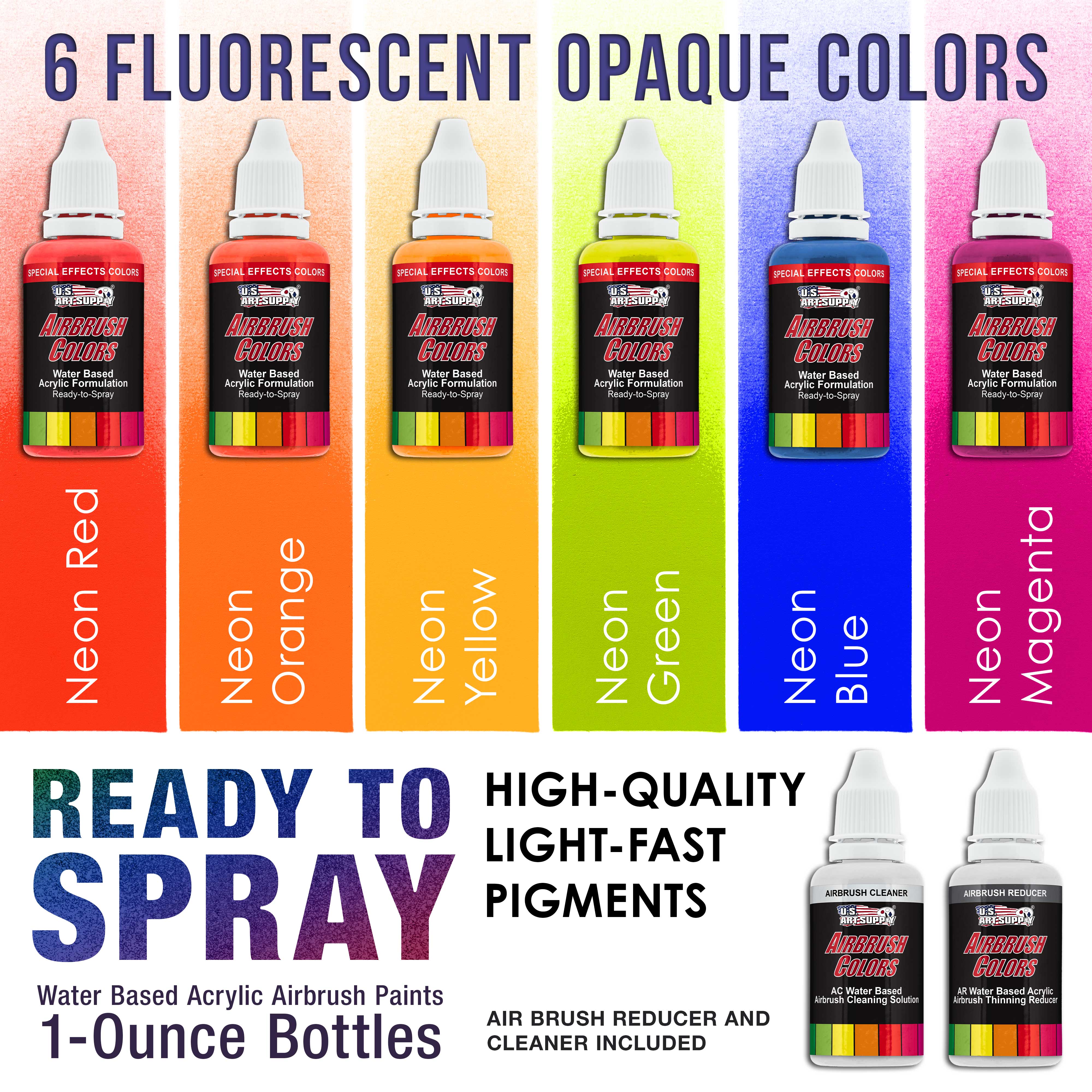 6 Color Fluorescent Acrylic Neon Airbrush Paint Set with Reducer & Cleaner - 1 oz Bottles for Art, DIY Crafts, Model Painting & Automotive Customization