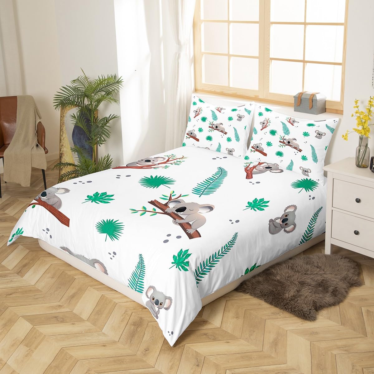 **Castle Fairy Koala Duvet Cover Set Twin Size - Cute Kawaii Animals Bedding for Kids & Teens - Tropical Leaves & Rainforest Theme - Includes 1 Pillowcase - Perfect for Boys & Girls Room Decor, Bedroom Makeover, and Cozy Sleep**