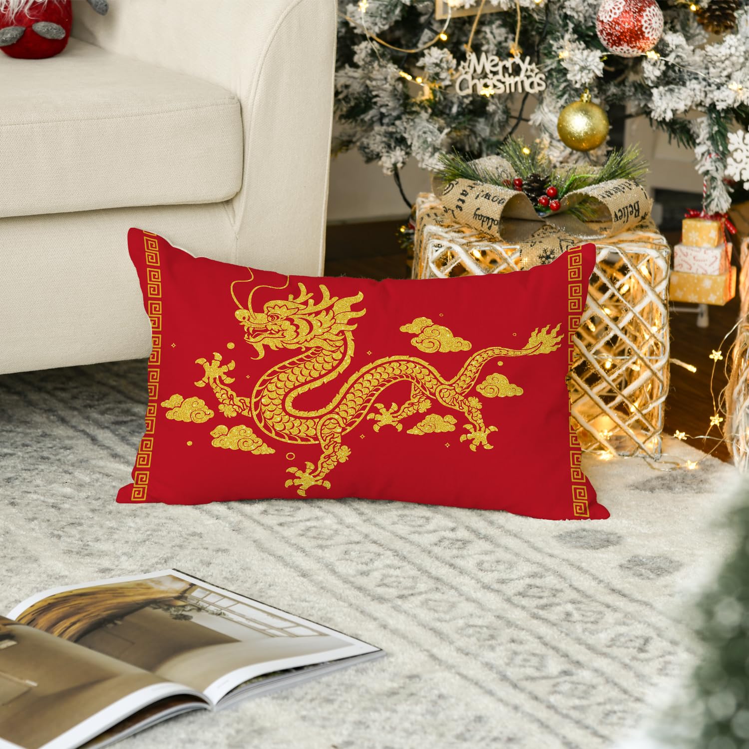 Happy Year of The Dragon Chinese Lunar New Year Throw Pillow Cover - 12 x 20 Inch Holiday Cushion Case for Sofa, Couch & Home Decor - Perfect for Lunar New Year Celebrations, Festive Home Decor & Gift Giving