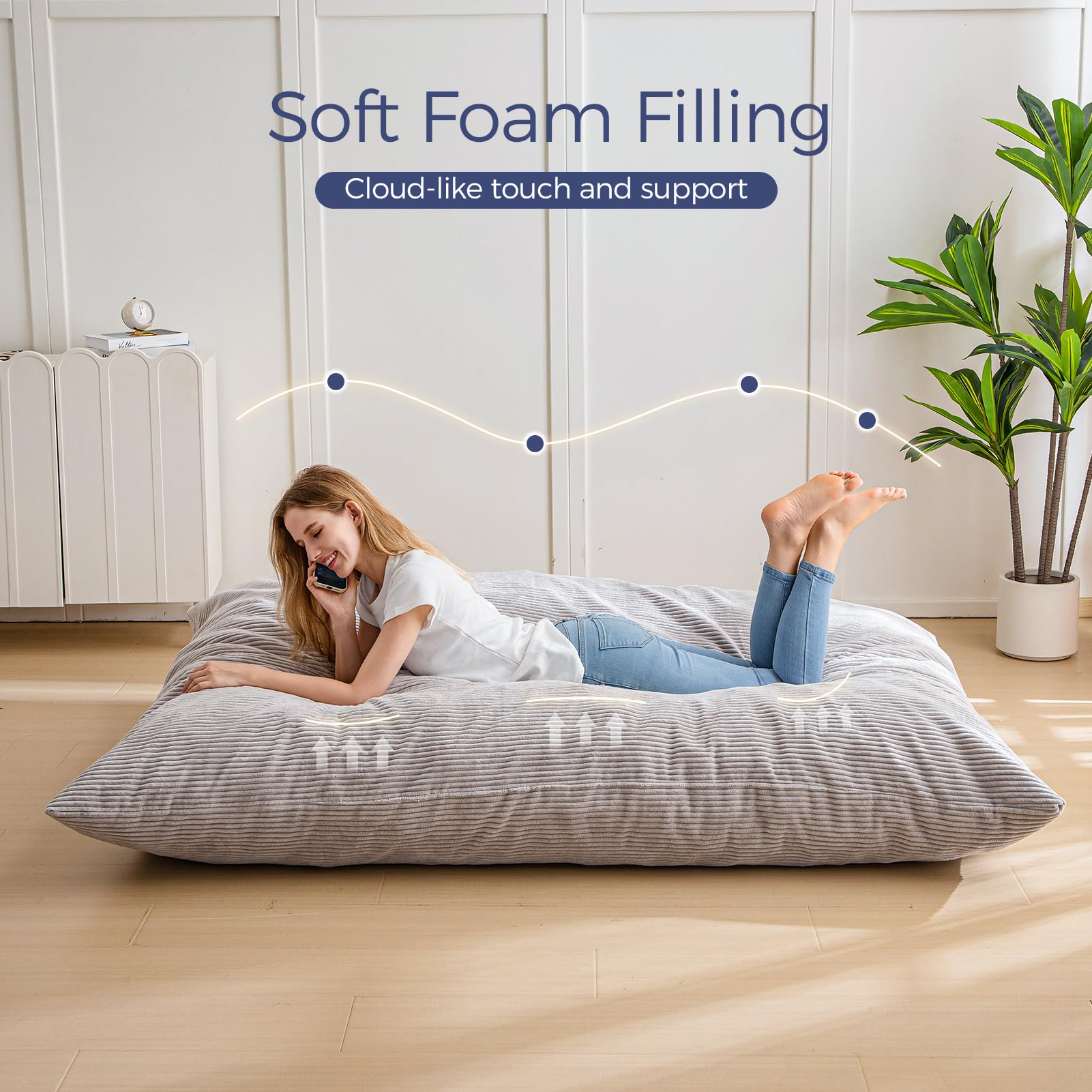 MAXYOYO 3-in-1 Bean Bag Chair - Giant Comfy Pillow Lounger for Living Room, Bedroom & Dorm - Soft Grey Memory Foam Furniture for Relaxing, Gaming & Reading