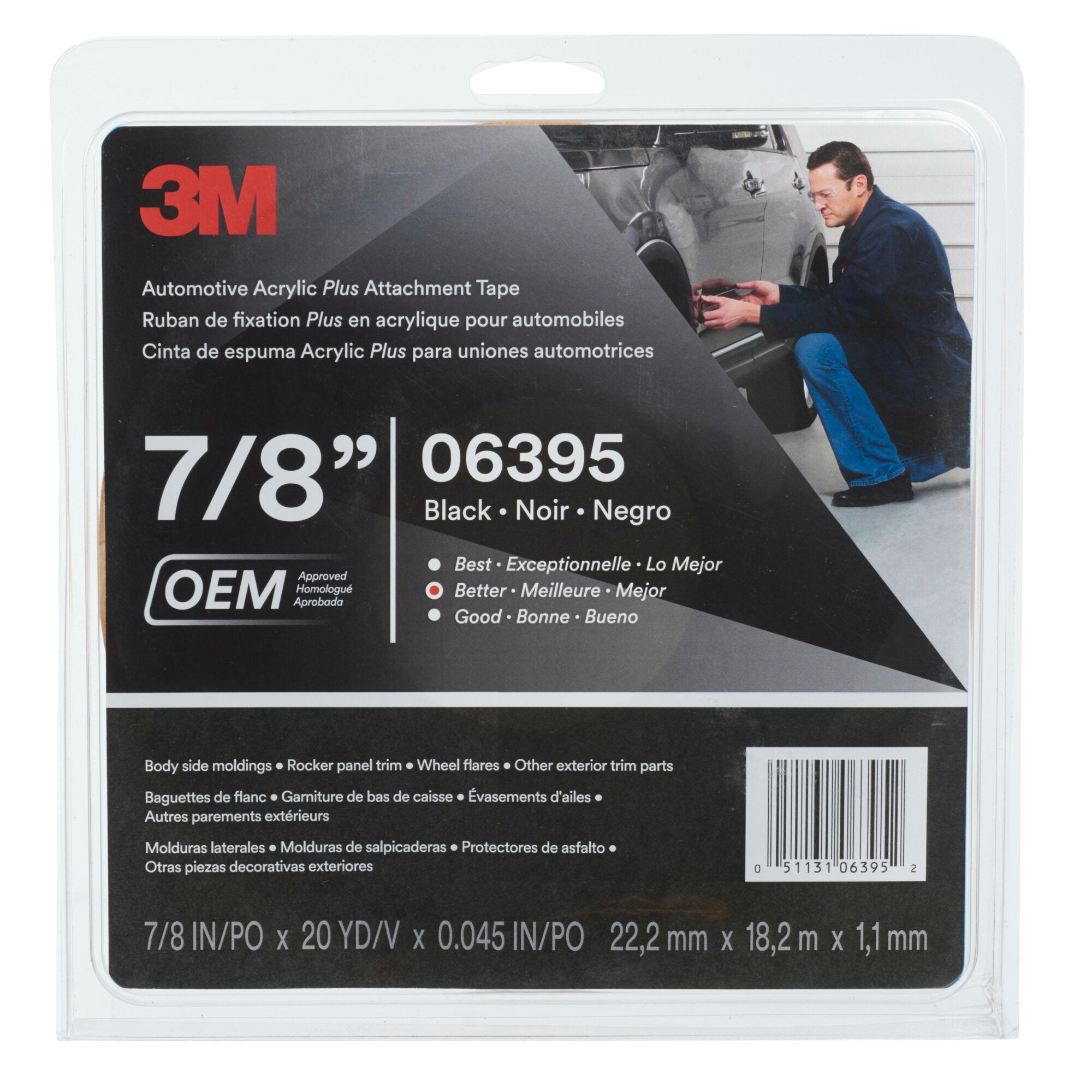3M Automotive Acrylic Plus Attachment Tape 06395 - High Strength Black Adhesive Tape, 1.52mm Thick, 7/8in x 10yd - Perfect for Car Trim, Emblem Mounting & DIY Auto Repairs