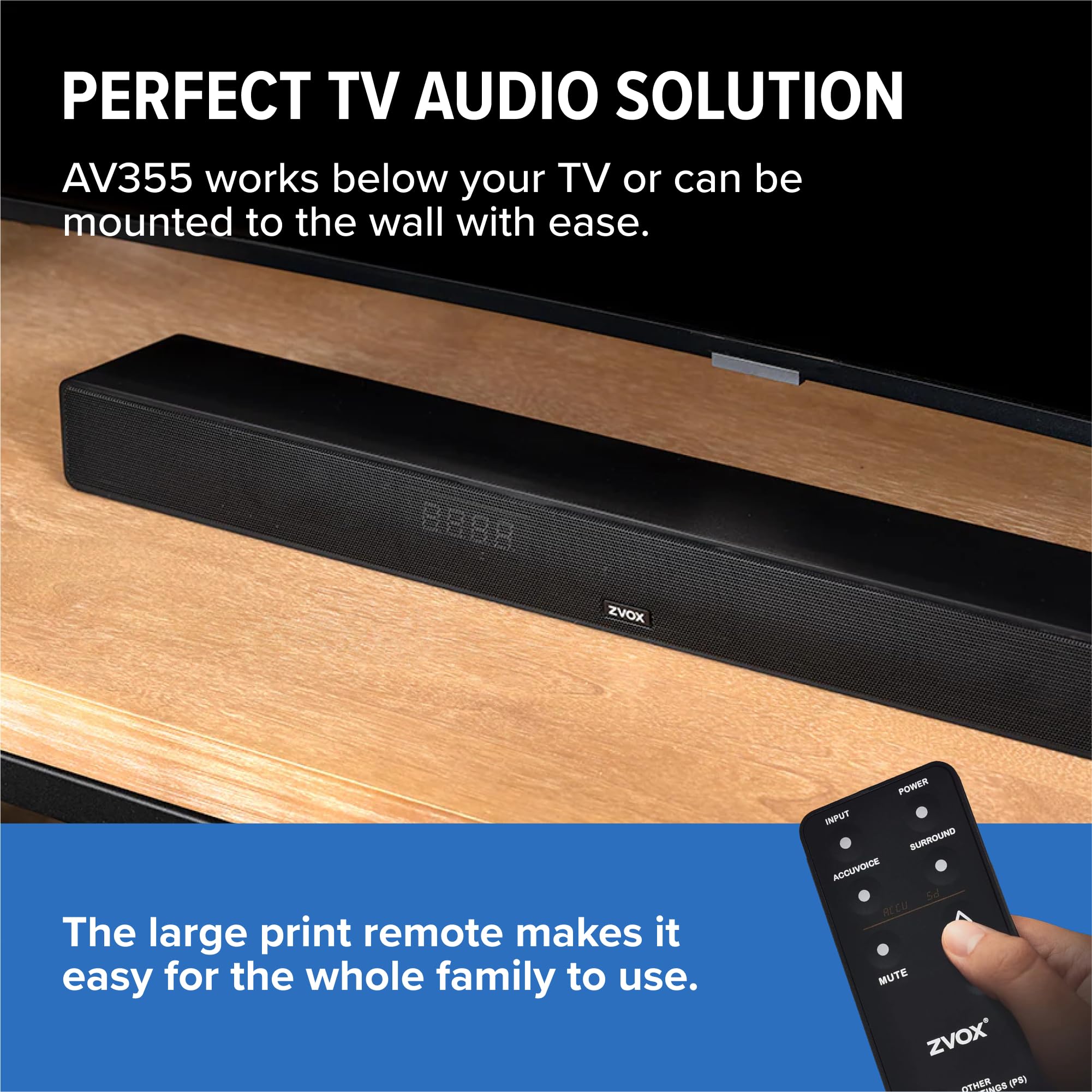ZVOX AV355 Dialogue Clarifying Sound Bar with AccuVoice Technology - 12-Level Voice Boost, Ultra Slim TV Speaker for Enhanced Clarity - Perfect for Home Theater, Smart TV, Movies & Gaming (Black)