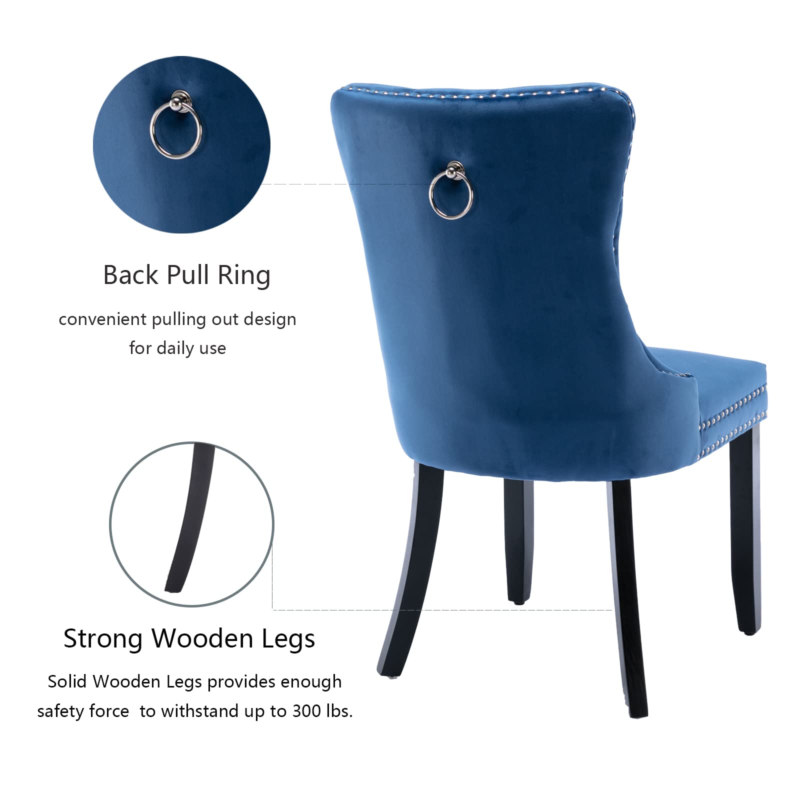 Luxury Velvet Dining Chairs Set of 4 - Upholstered Tufted Wingback Kitchen Chairs with Solid Wood Legs & Gold Ring Pull Trim - Elegant Blue Accent Chairs for Dining Room, Living Room, Kitchen | Perfect for Formal Dinners, Family Gatherings & Home Decor