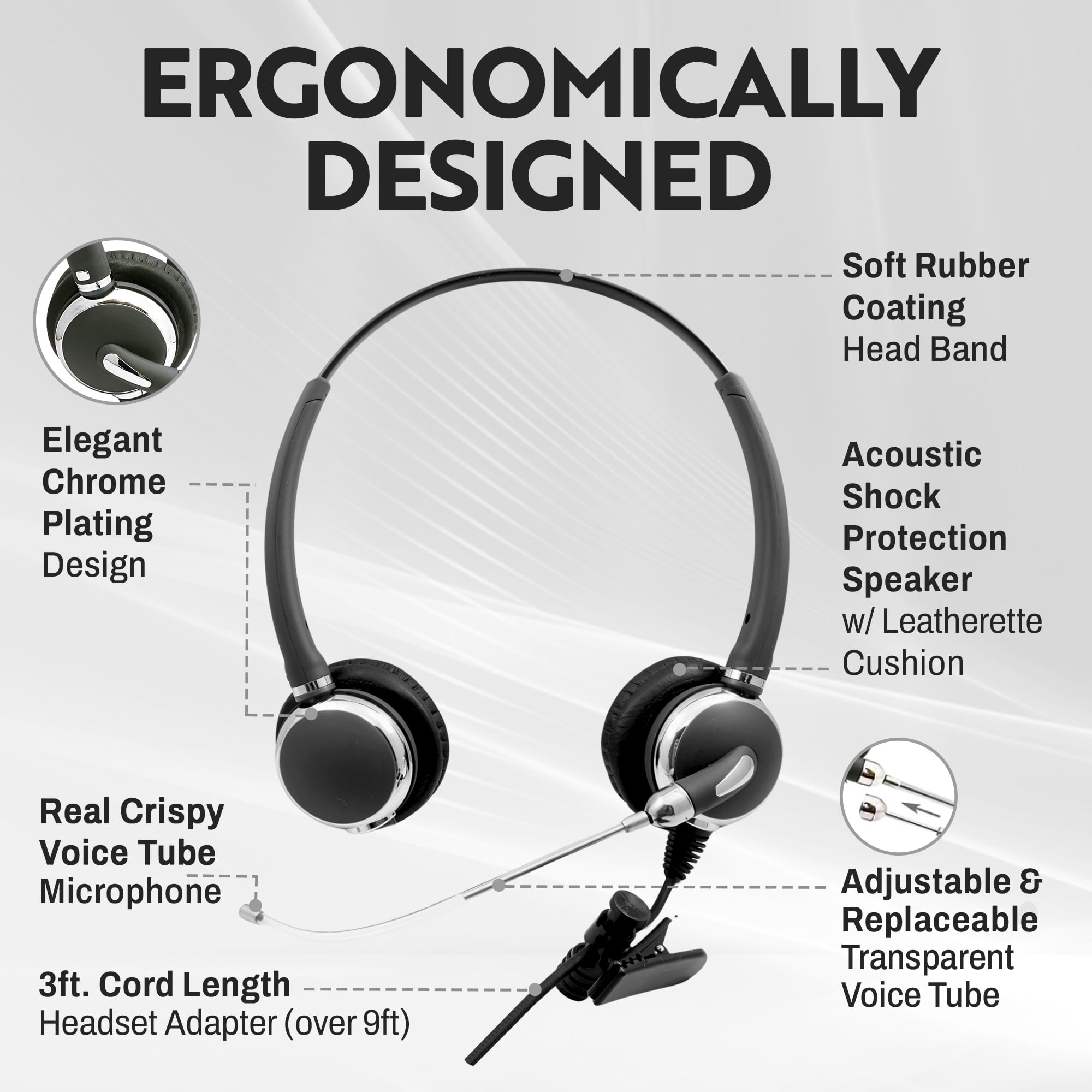 INNOTALK RJ9 Binaural Office Headset - Durable Call Center Headphones with Voice Tube Microphone, Clear Sound, Wired 9ft Cable & QD Pigtail Adapter - Compatible with Polycom, Mitel, Cisco & More - Perfect for Call Centers, Office Communication & Customer Support