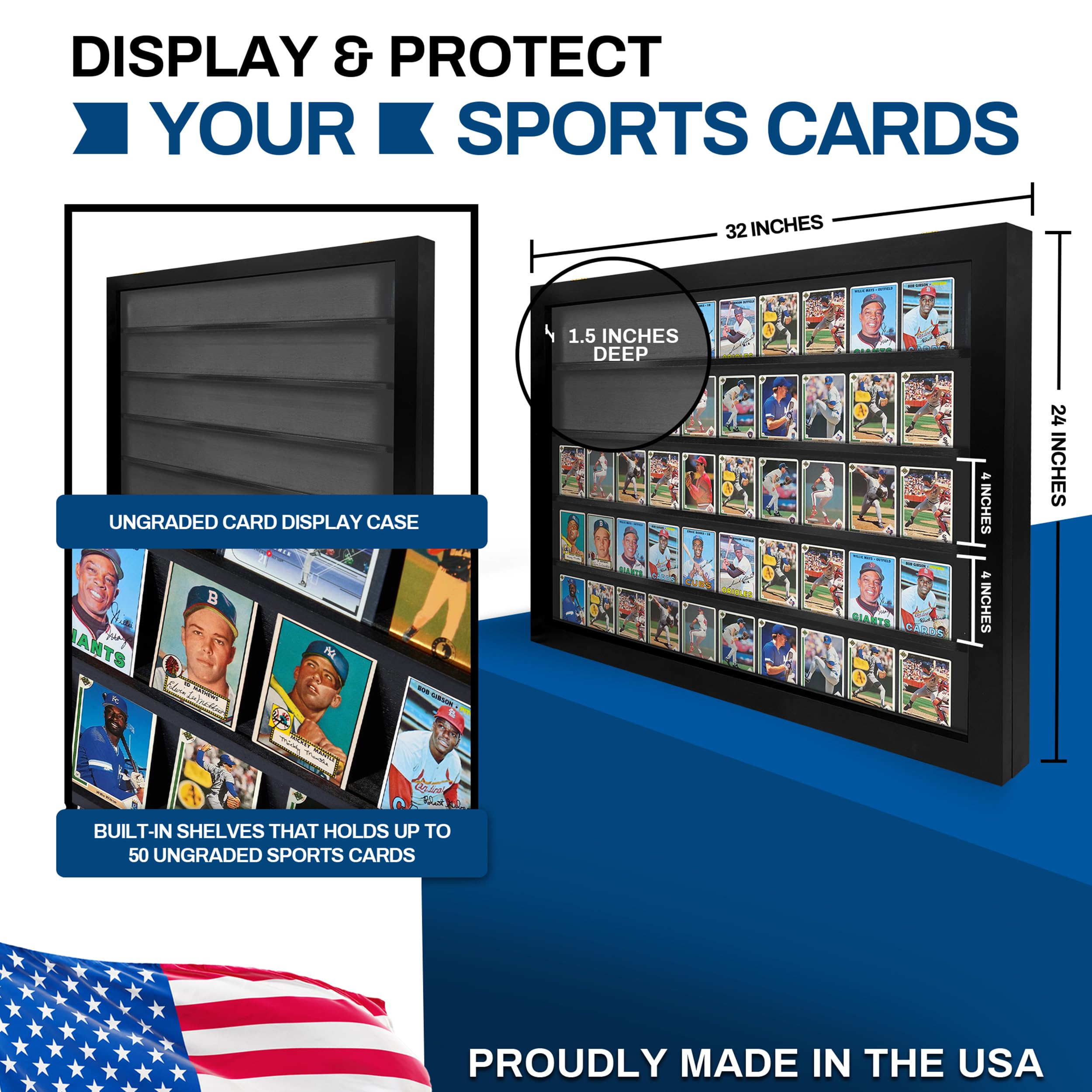 Baseball Card Display Case - Lockable Sports Card Frame Holds 50 Ungraded Cards with UV Protection - Perfect for Pokemon, Football & Basketball Trading Cards | Ideal for Collectors, Home Decor & Gift Giving