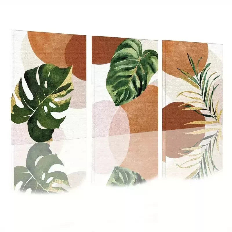3-Piece Green and Golden Leaf Mid Century Modern Wall Art Set - Framed Canvas Prints 50x70cm - High Quality Australian Made Wall Decor - Perfect for Living Room, Bedroom & Office Decor
