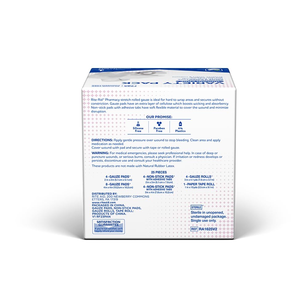 Rite Aid Sterile First Aid Gauze Pads Variety Pack - 25 Assorted Gauze Pads with Adhesive Tape | Wound Care Supplies for First Aid Kits | Ideal for Cuts, Scrapes, Burns & Minor Injuries