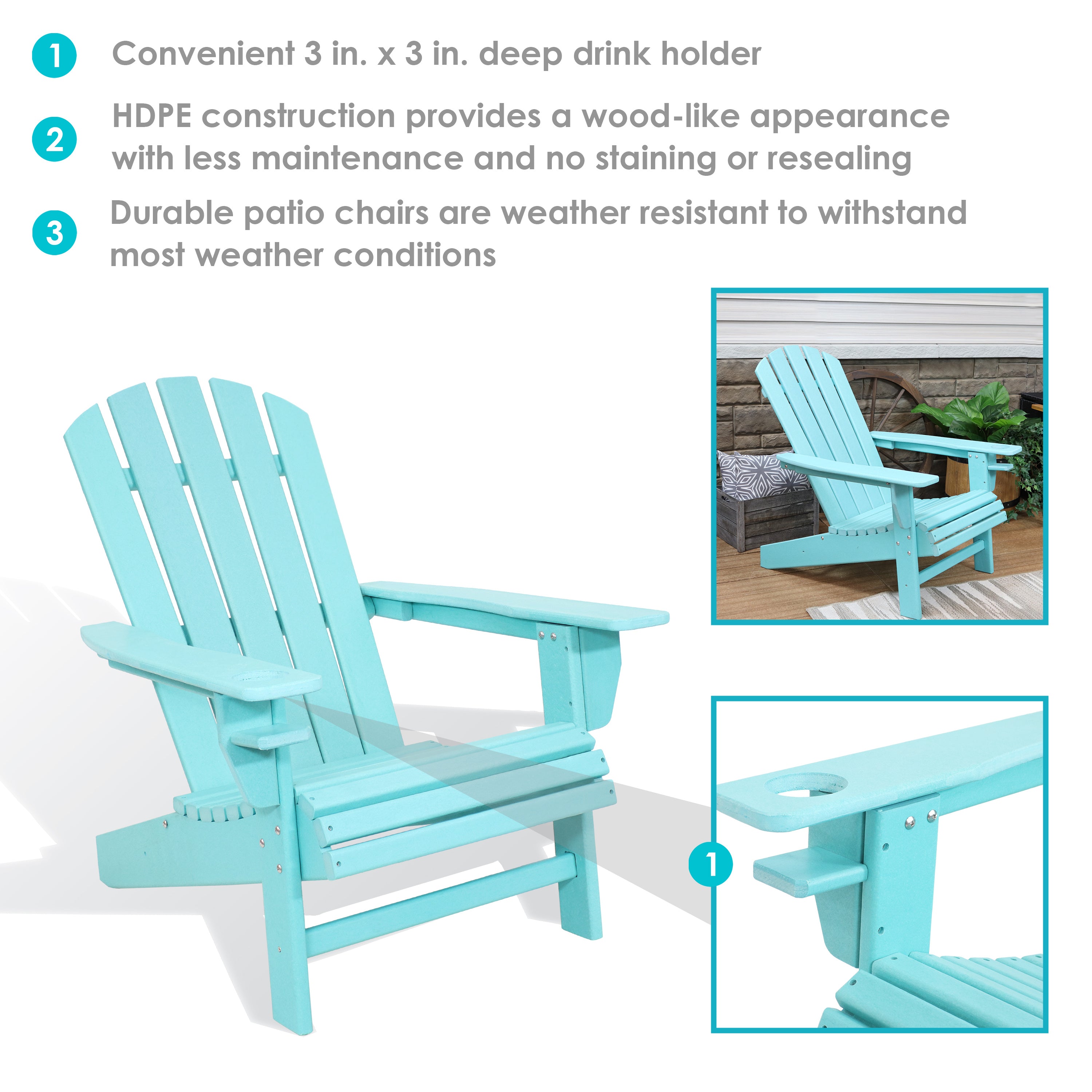 Premium Sunnydaze All-Weather Outdoor Adirondack Chairs with Cup Holders - Set of 2 Patio Chairs for Backyard, Garden, Poolside & Deck Relaxation