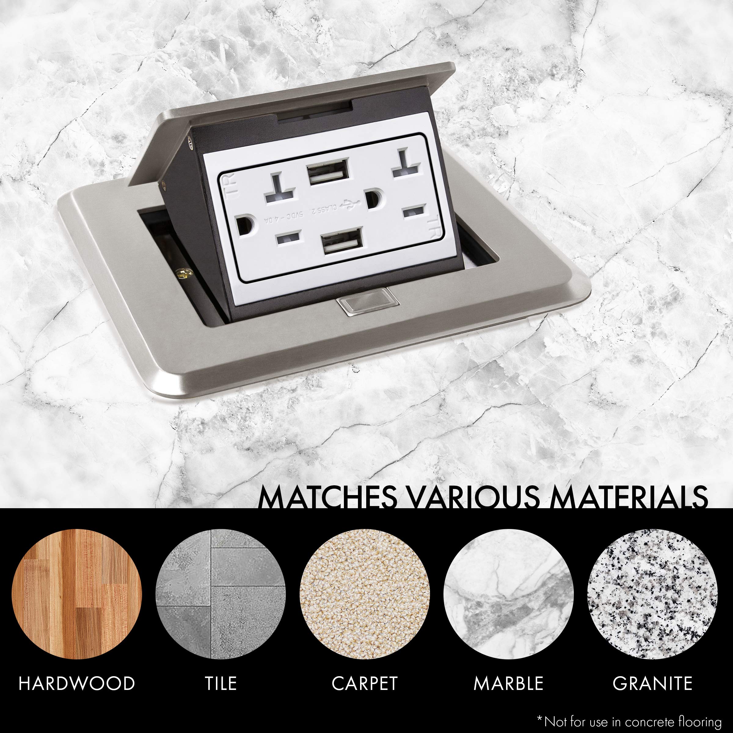 ENERLITES Soft Pop-Up Square Floor Box Kit with 4A USB Charging & 20A Tamper-Proof Weather-Resistant Outlet - Watertight Gasket, Corrosion-Resistant Nickel Plated Brass Cover (Model 961248-S-USB) - Ideal for Outdoor Patios, Decks & Commercial Spaces