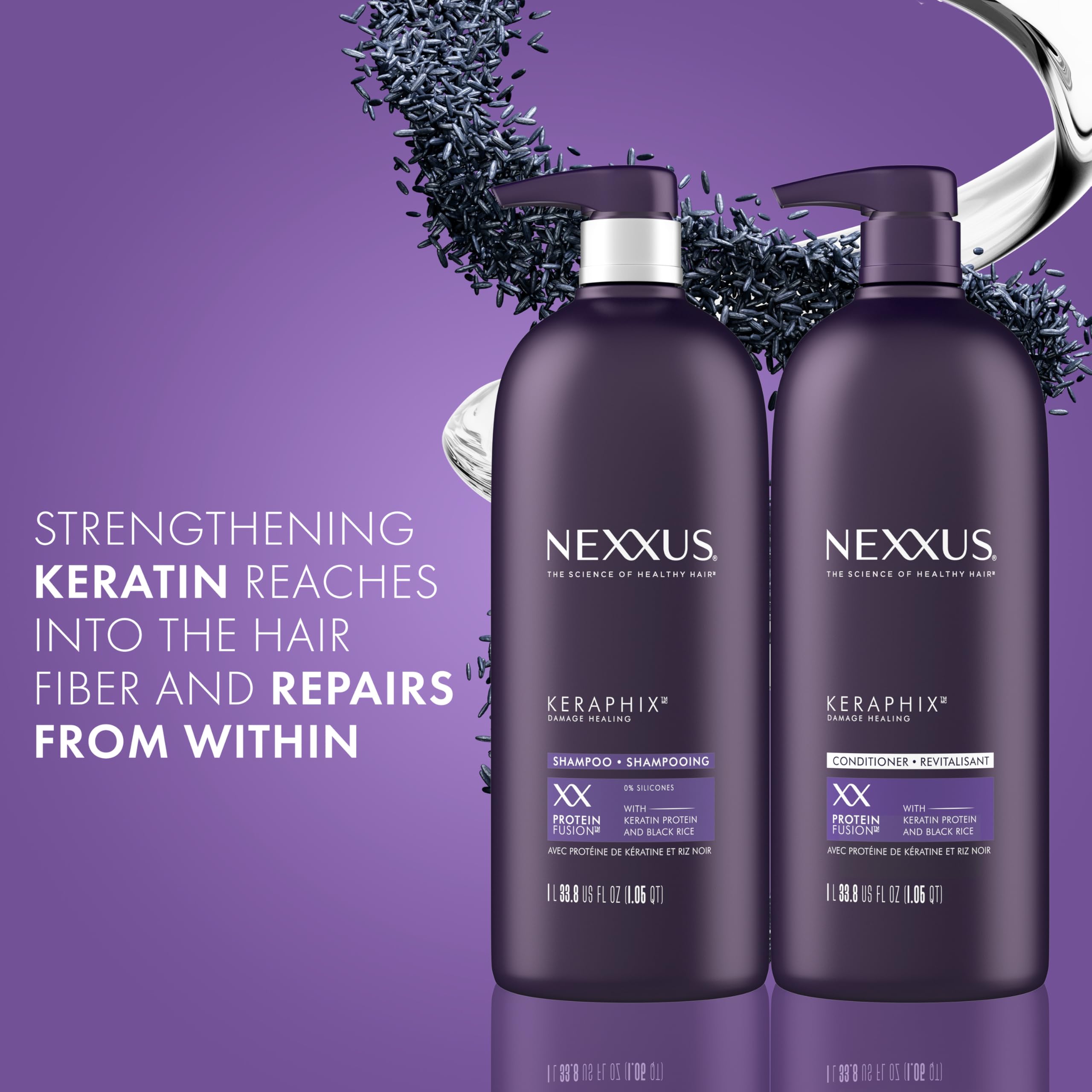 Nexxus Keraphix Shampoo & Conditioner Set - Keratin Protein & Black Rice Repair System for Damaged Hair - Includes 2 Shampoos, 3 Hair Masks (33.8 oz + 1.5 oz) - Deep Conditioning Treatment for Dry, Brittle Hair - Perfect for Salon-Quality Hair Care at Home