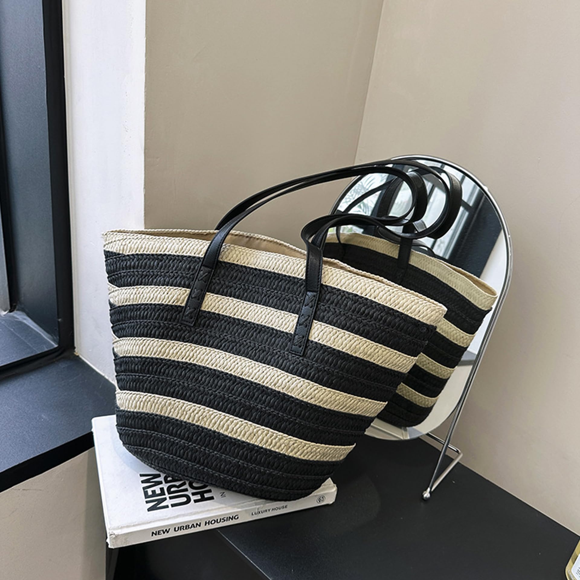 Rejolly Straw Tote Bag for Women - Large Woven Beach Bag with Zipper & Leather Handle - Perfect for Summer Vacation, Shopping, and Outdoor Activities