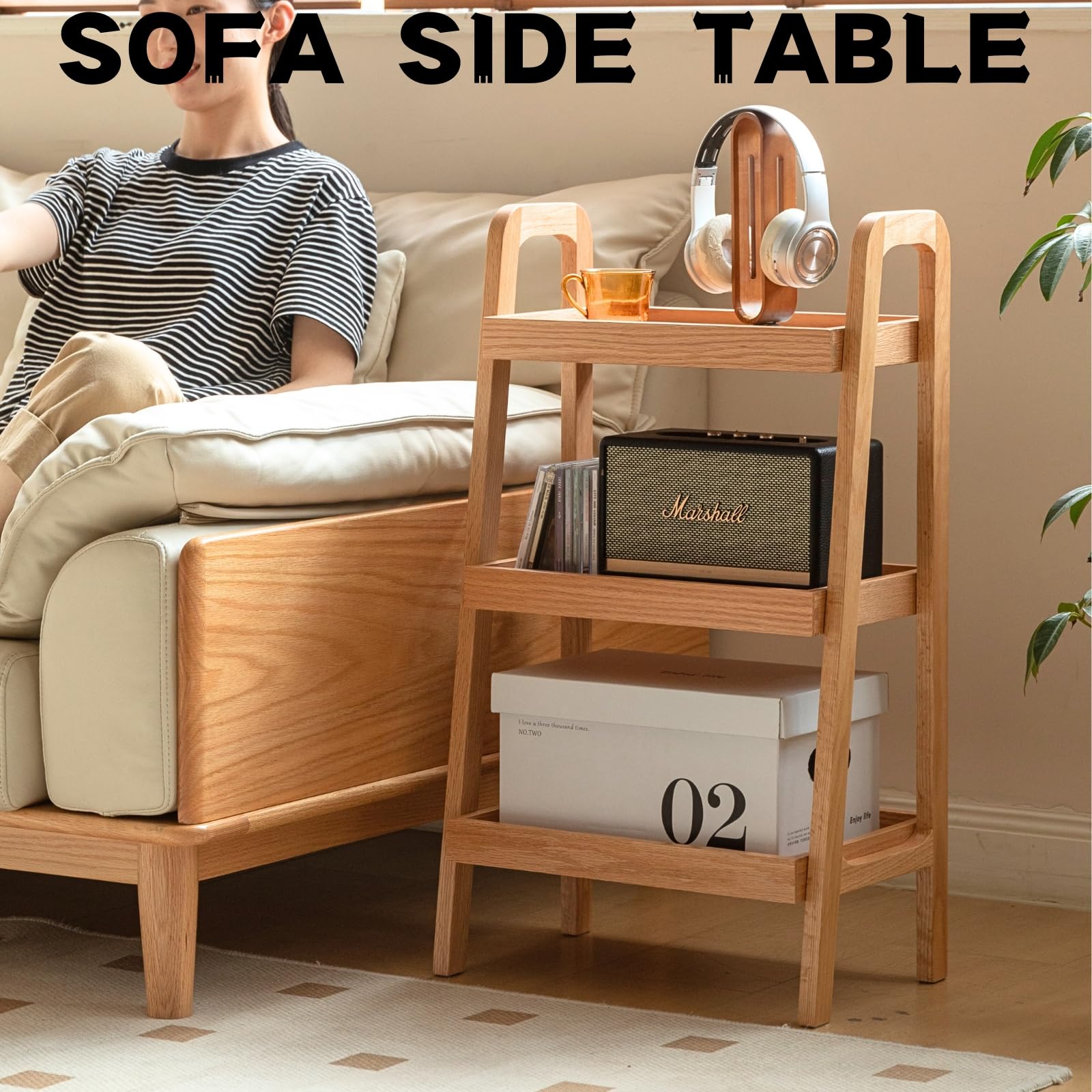 3-Tier Ladder Shelf - Solid Oak Wood Bookshelf with Storage, Small Side Table for Living Room, Bedroom, Kitchen & Bathroom - Perfect for Organizing Books, Plants & Decor (Natural Finish)