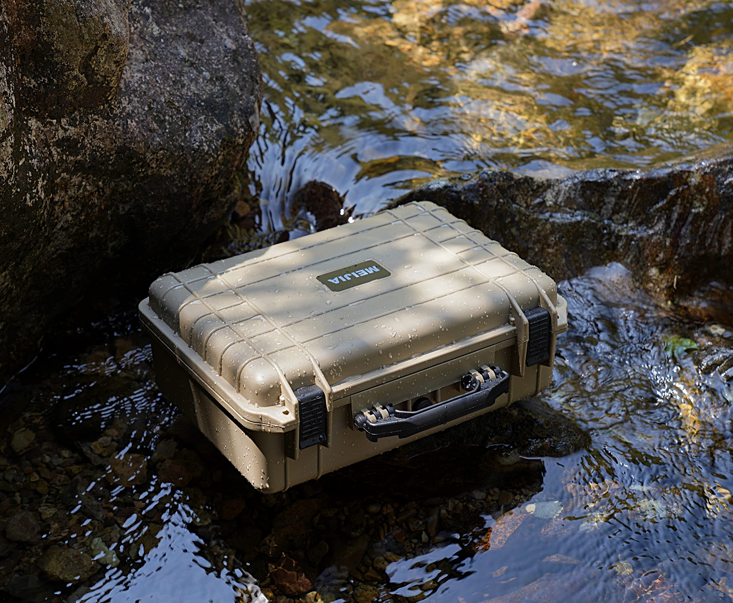MEIJIA All Weather Portable Waterproof Hard Case with Customizable Fit Foam - 18.5 x14.06x6.93inch Protective Case for Camera, Drones, Pistols, Lenses & Equipment (Desert Tan) - Ideal for Outdoor Adventures, Travel & Professional Use