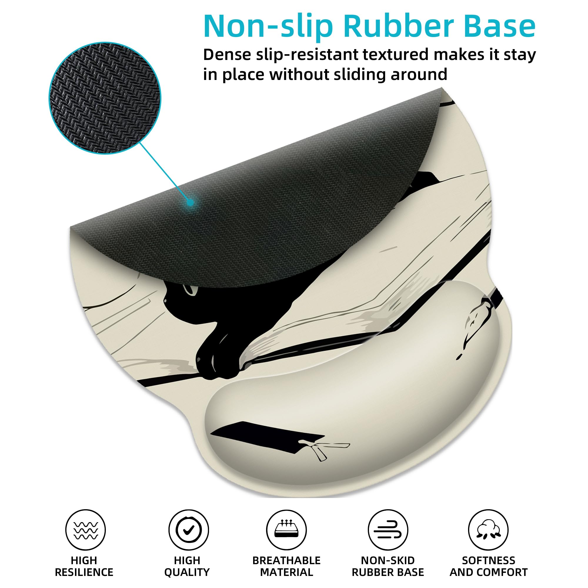 Ergonomic Mouse Pad with Wrist Support - Cute Anime Black Cat Design, Non-Slip Rubber Base for Pain Relief - Perfect for Office, Home, Gaming & Computer Use