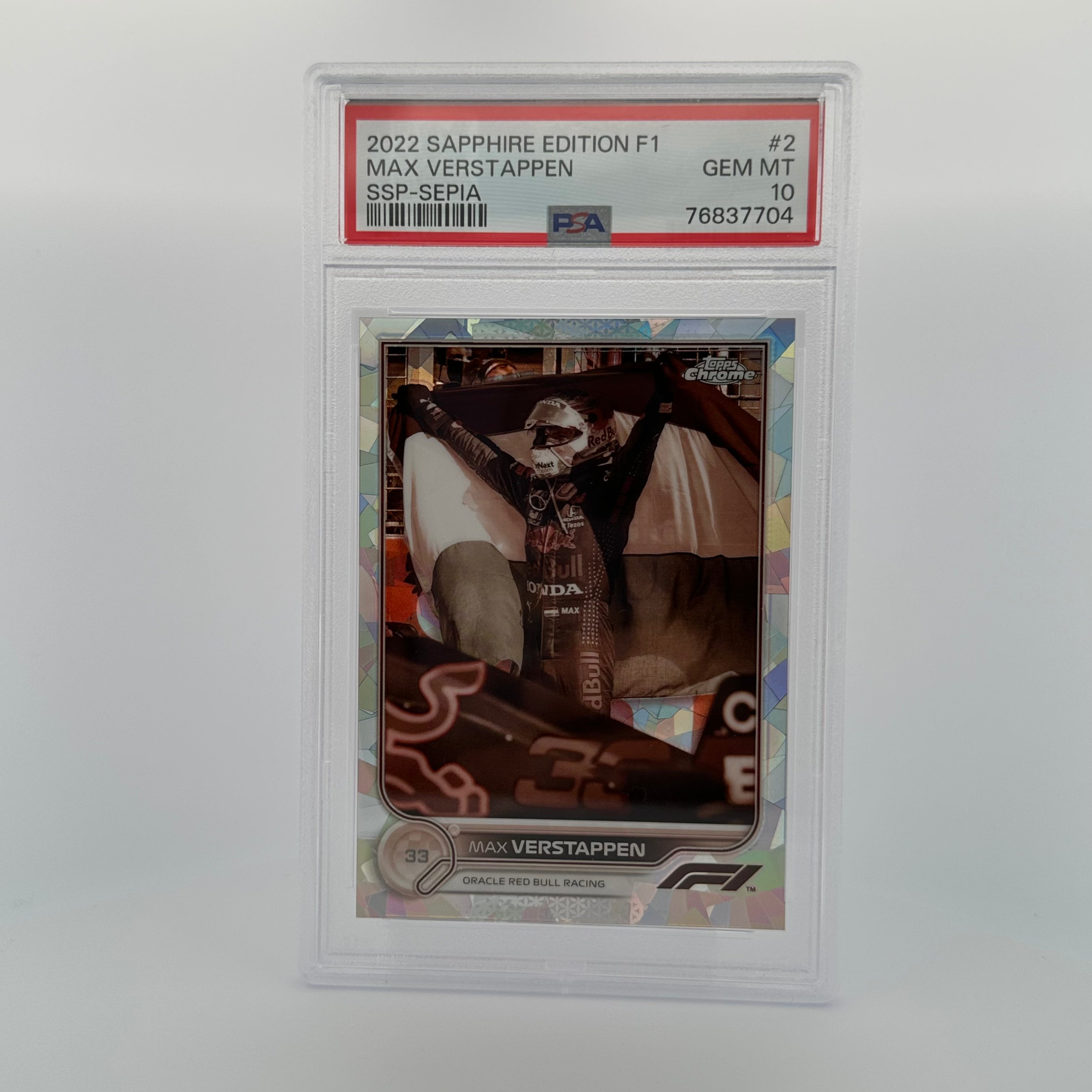 PSA 10 MAX VERSTAPPEN #2 SAPPHIRE EDITION SSP SEPIA /100 - Rare Collectible Trading Card for F1 Fans & Sports Memorabilia Enthusiasts