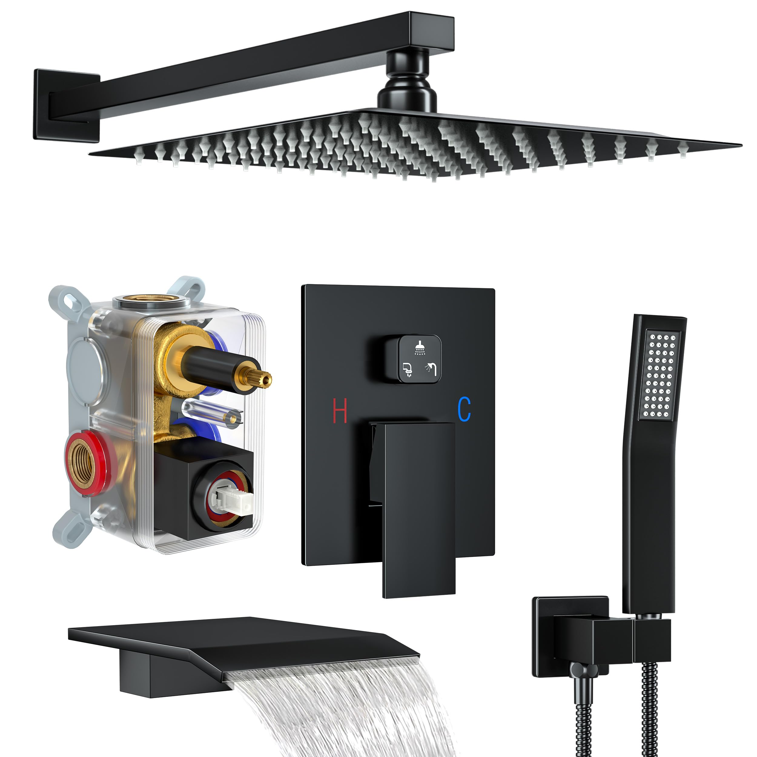 Matte Black Wall Mounted Shower System with 12 Inch Rain Shower Head & Handheld Shower Set - Complete Bathroom Faucet with Tub Spout for Luxurious Spa Experience at Home