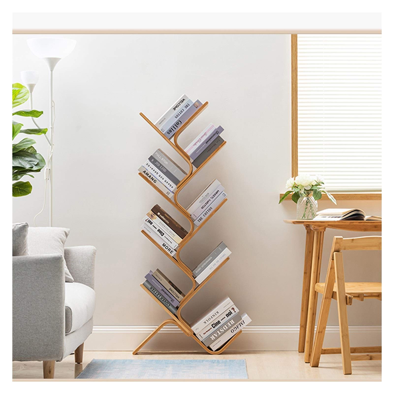 8-Tier Bamboo Floor Standing Tree Bookcase - Natural Color Bookshelf for Living Room, Home & Office - Stylish Storage Rack for Books & Decor - Perfect for Reading Nooks, Workspaces & Room Organization