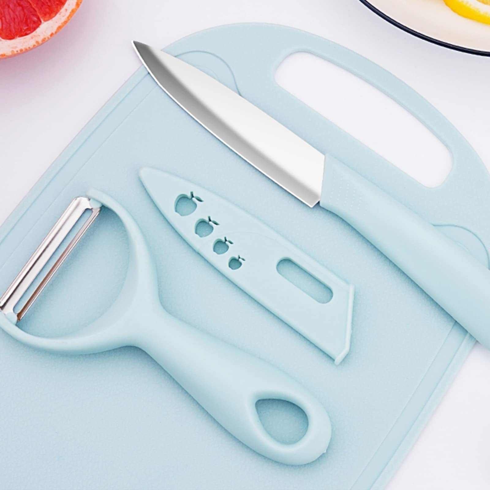 Wolpin 3-Piece BPA-Free Plastic Cutting Board Set for Kitchen - Large Chopping Boards for Vegetables, Fruits & Cheese with Knife & Peeler - Eco-Friendly, Anti-Microbial (25x18cm) - Perfect for Meal Prep, Cooking & Entertaining