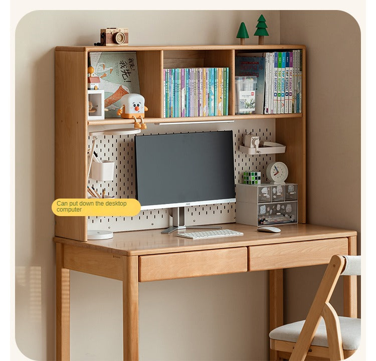 Solid Wood Study Desk with Shelf - Beech & Oak Wooden Writing Desk for Home Office, Study Room, or Library - Durable & Stylish Workspace Solution