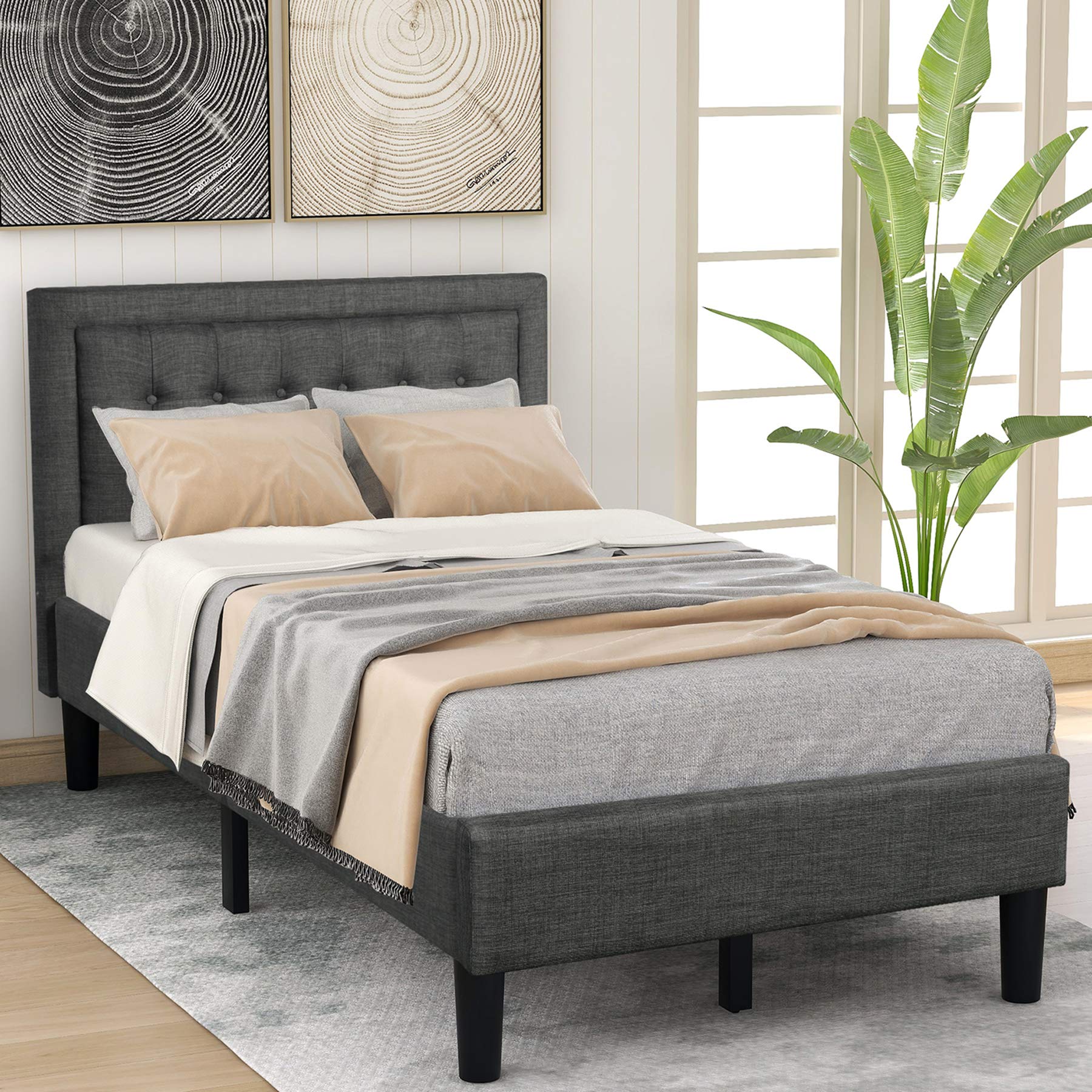 Merax Upholstered Platform Bed Frame with Button-Tufted Headboard & Wood Slat Support - Twin Size, Gray - No Box Spring Needed | Modern Bedroom Furniture for Small Spaces & Guest Rooms