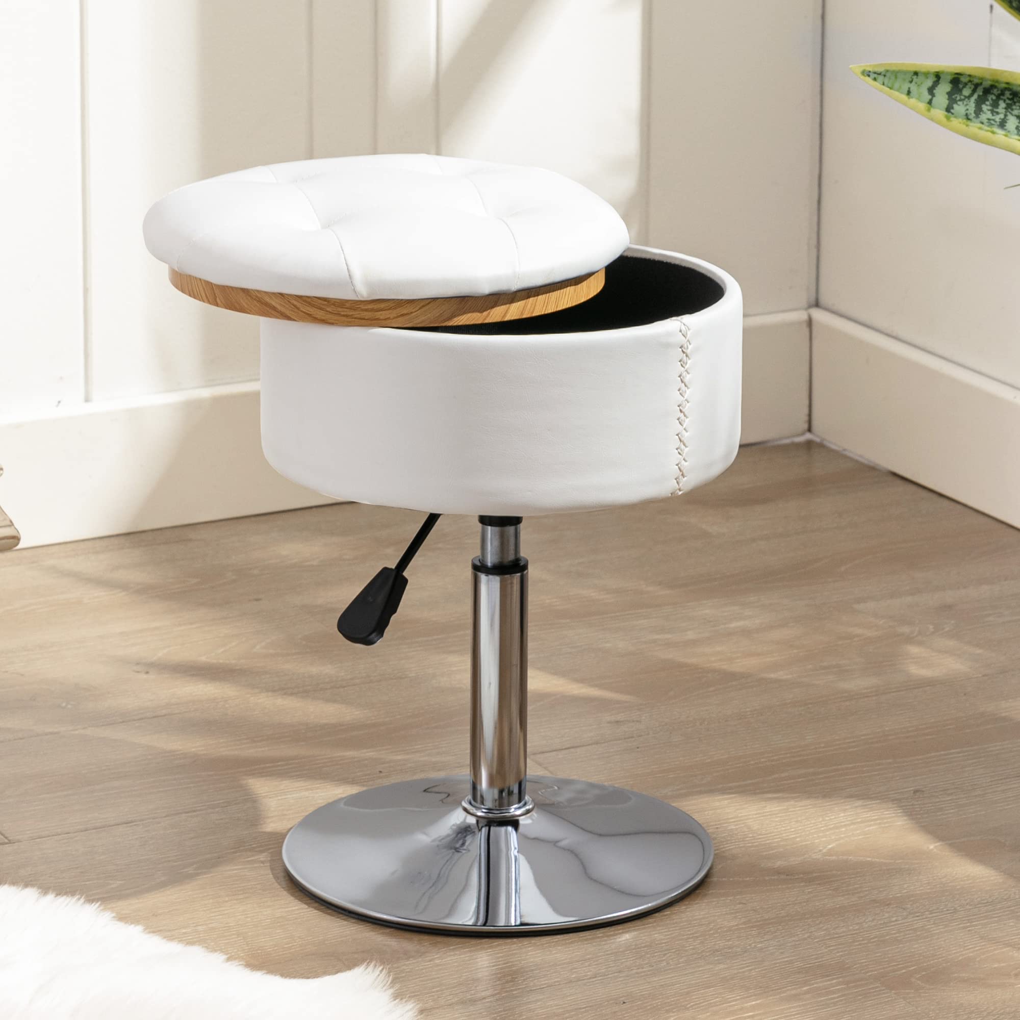 LUE BONA 360° Swivel Vanity Stool Chair with Storage - Adjustable Height Makeup Stool, Small White Faux Leather Stool for Bathroom, Living Room & Dressing Room - Perfect for Makeup, Reading & Relaxing