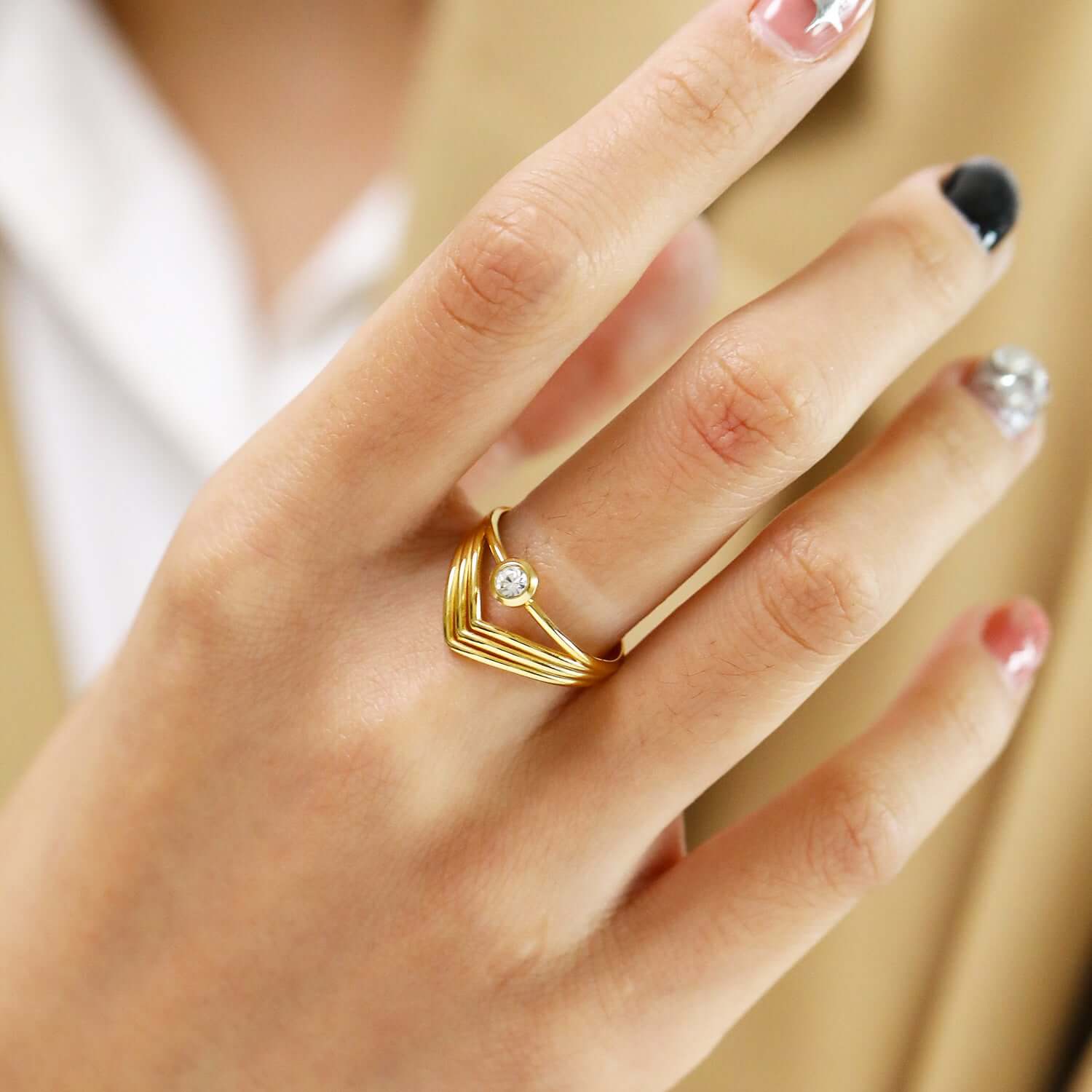 18K Gold Bezel Chevron Ring Stackable - Elegant Dainty Stacking Ring for Women | Perfect for Layering, Everyday Wear & Special Occasions | JDR006