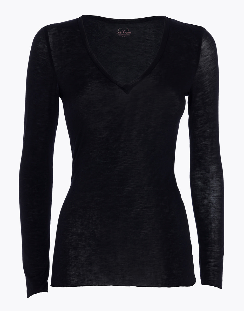 Black V-Neck Long Sleeve Modal Cashmere Pullover - Soft & Warm Women's Sweater for Fall & Winter Layering