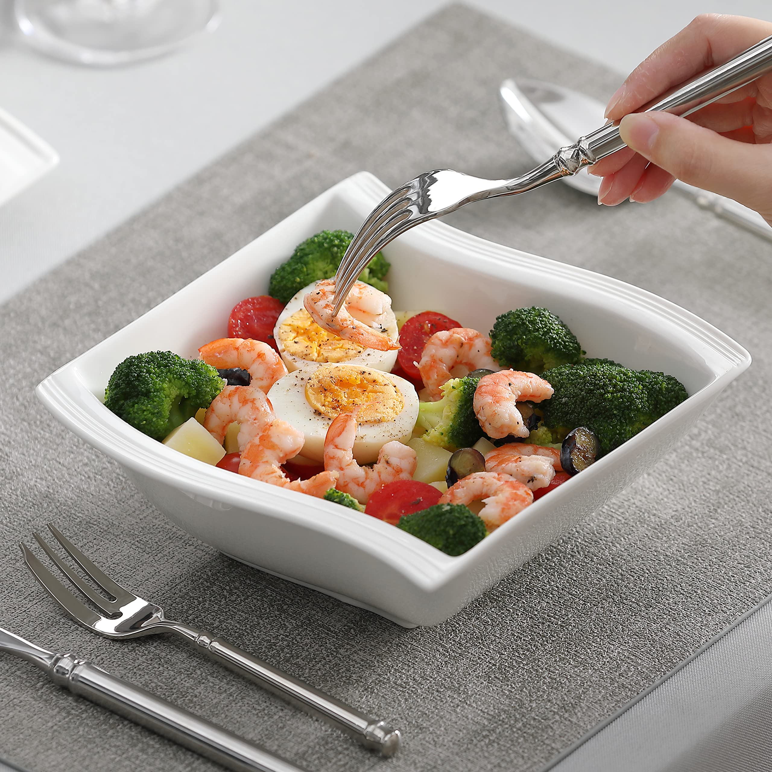MALACASA 16-Piece Ivory White Porcelain Dinnerware Set for 4 - Square Plates & Bowls, Modern FLORA Series | Includes Dinner Plates, Dessert Plates, Soup Bowls | Perfect for Family Meals, Dinner Parties & Restaurant-Style Dining