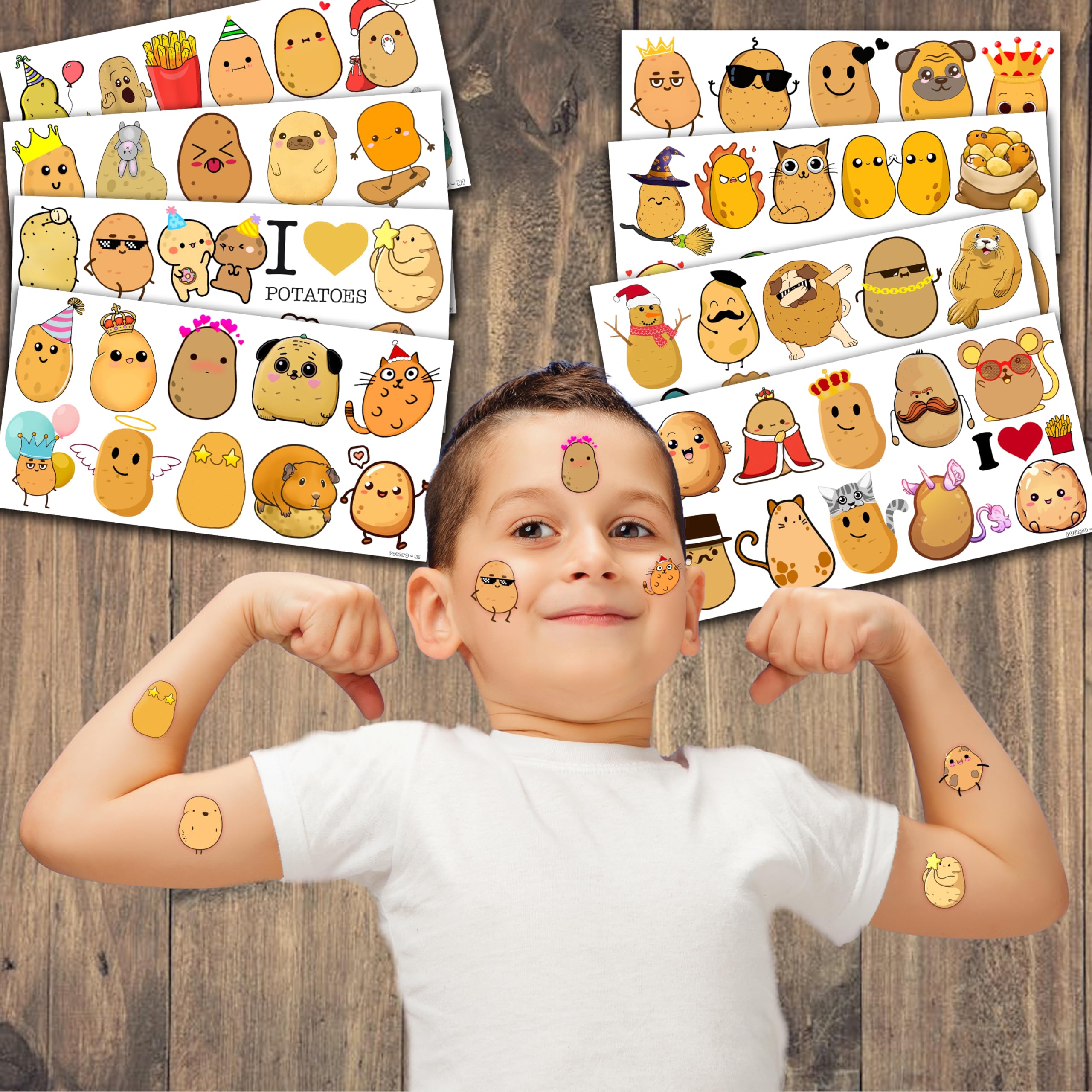Sweet Potato Temporary Tattoos 82PCS - Fun Potato Theme Party Decorations, Birthday Favors & School Prizes - Cute Stickers for Boys Girls, Christmas Gifts, Carnival Supplies (8 Sheets) - Perfect for Halloween Costumes, Themed Parties & Classroom Rewards