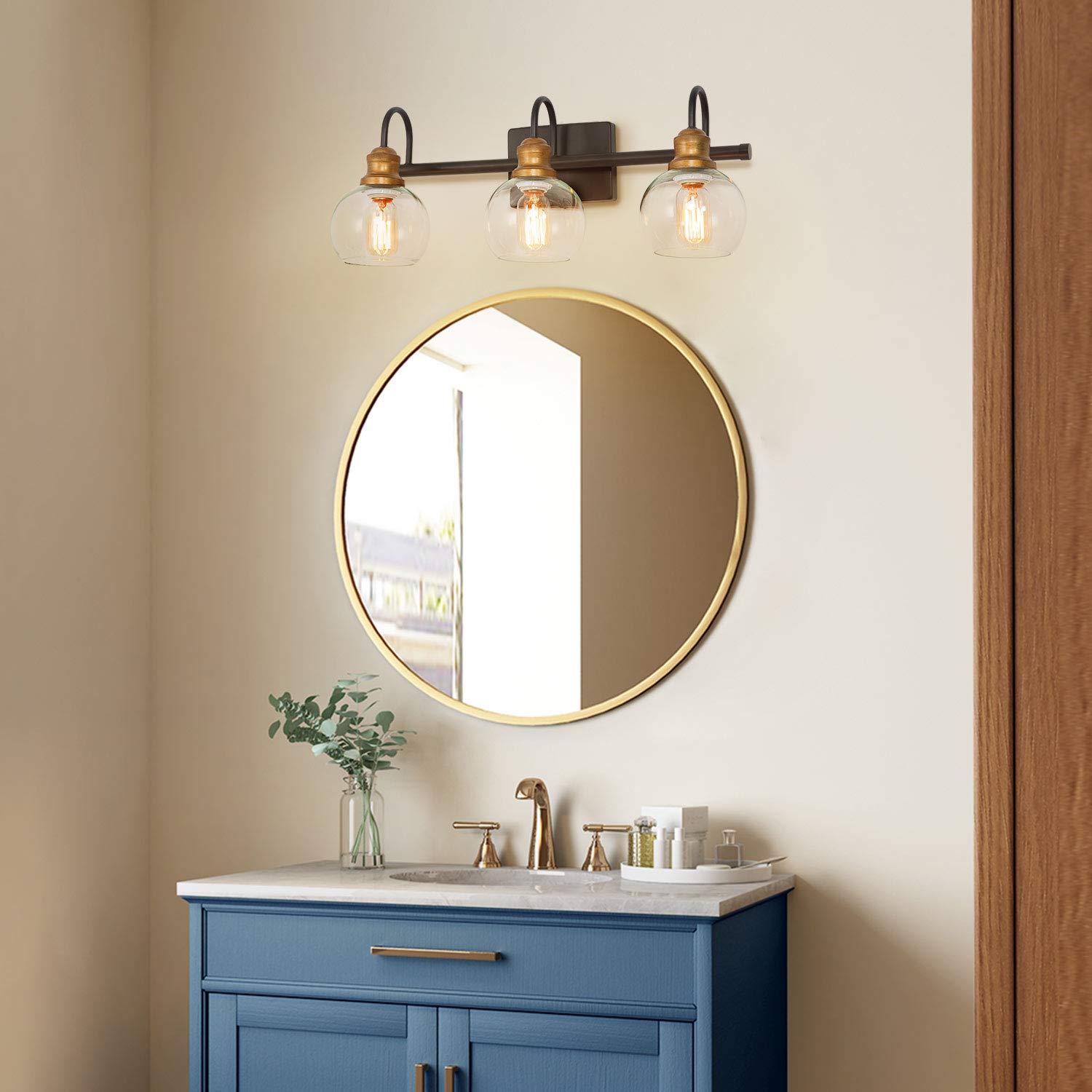 LALUZ Bathroom Vanity Lights - Oil Rubbed Bronze Finish, Antique Gold Socket with Clear Glass Shade - 22.5
