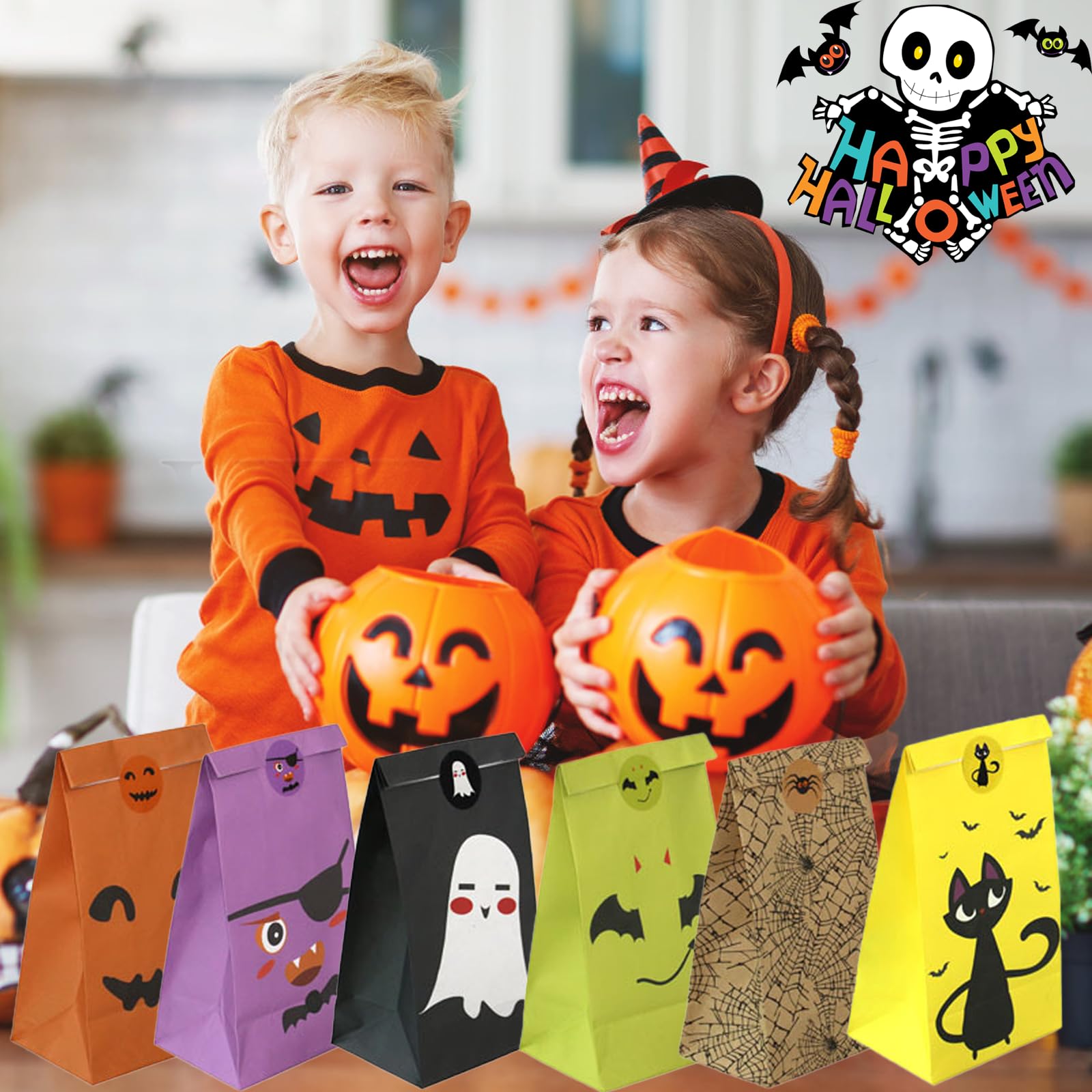 Halloween Trick or Treat Candy Bags - 24 Pack Halloween Party Favors with 24 Stickers, Small Gift Bags for Kids, Boys & Girls - Perfect for Trick or Treating, Classroom Treats & Halloween Party Supplies
